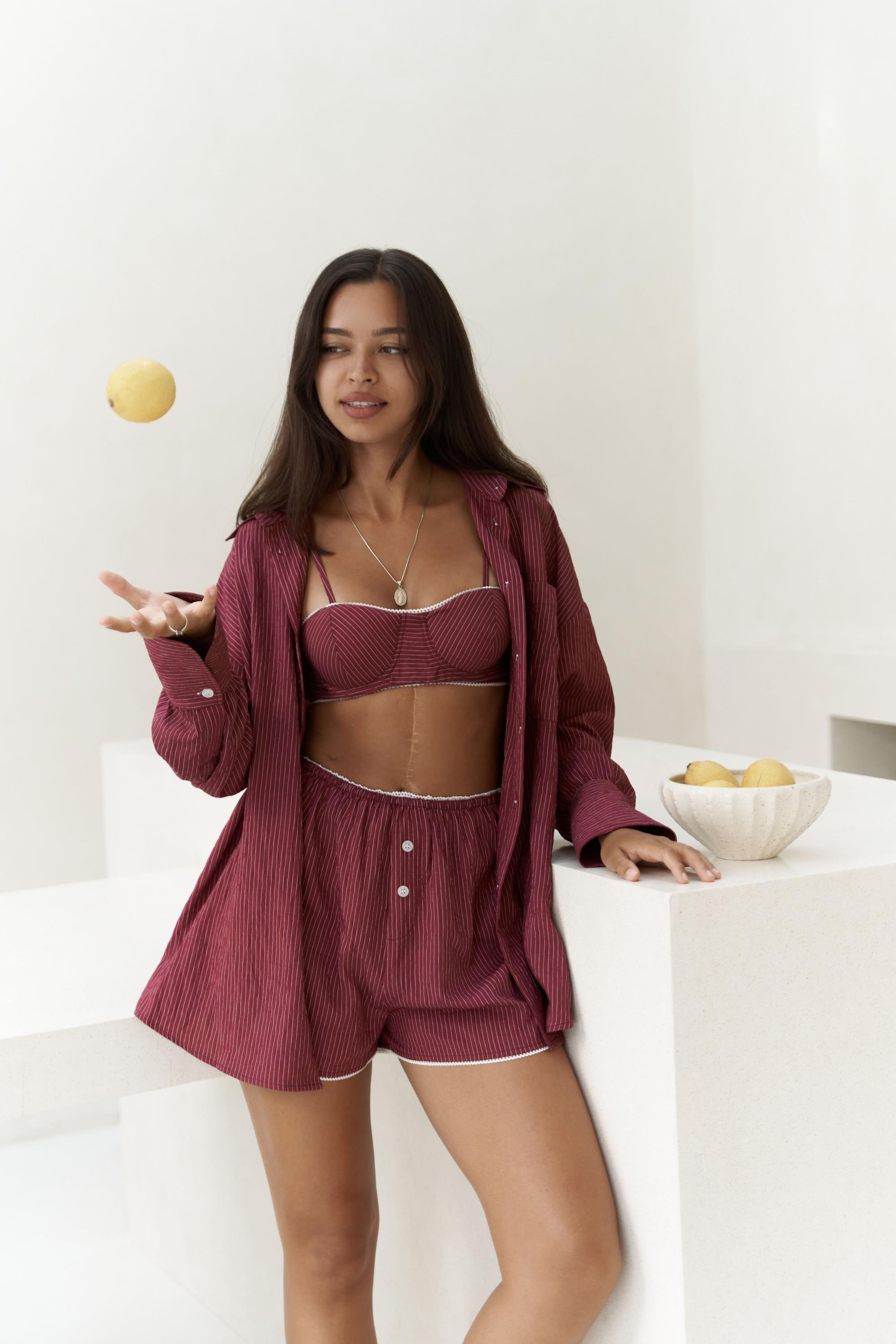 Leda Dantel Detay Şortlu Bordo Üçlü Takım