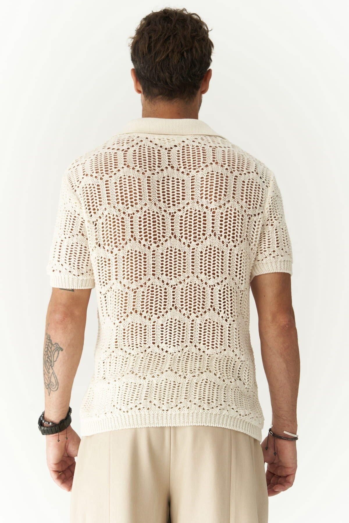 Leonard Erkek Düğme Detay Ekru Triko T-Shirt