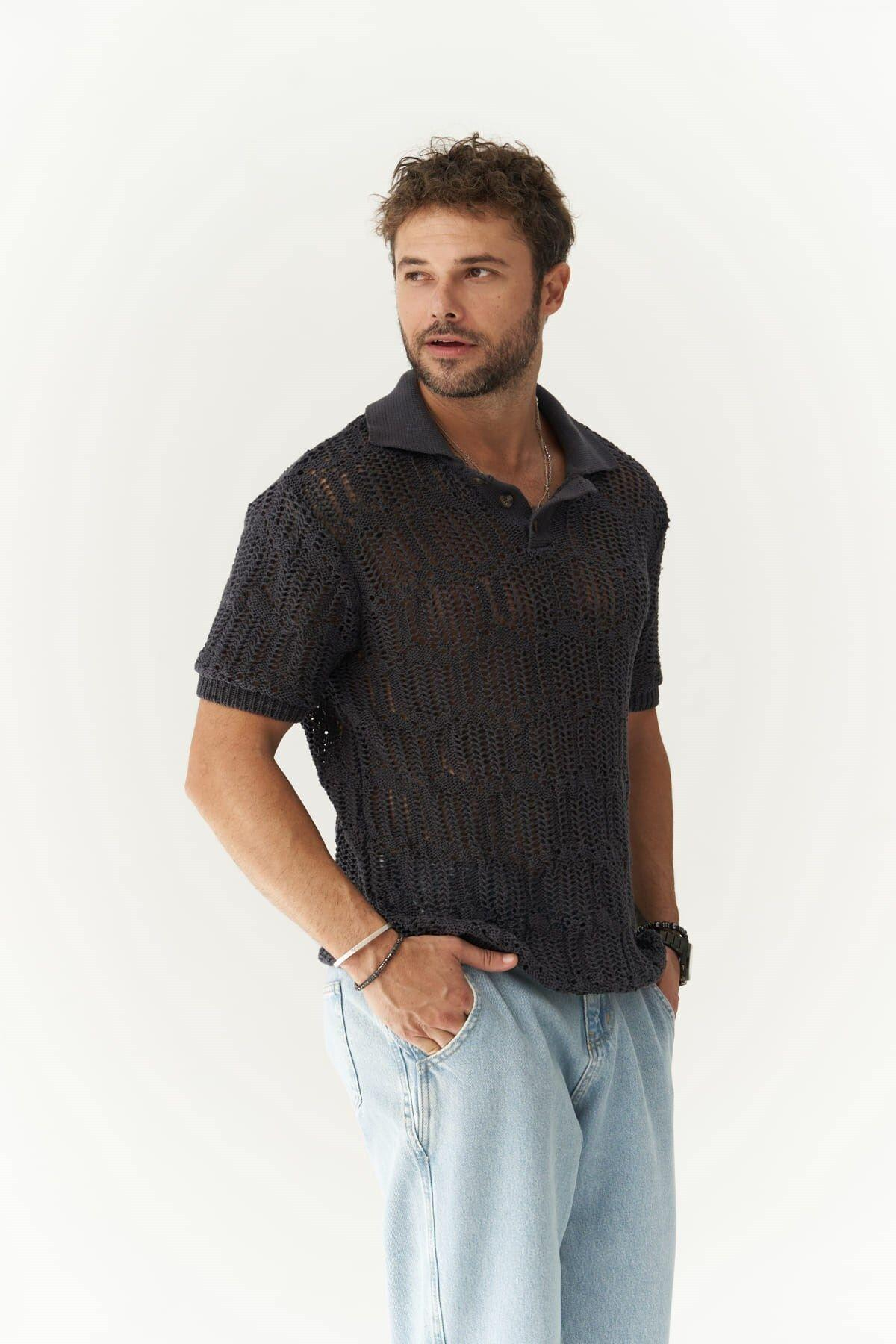Leonard Erkek Düğme Detay Füme Triko T-Shirt
