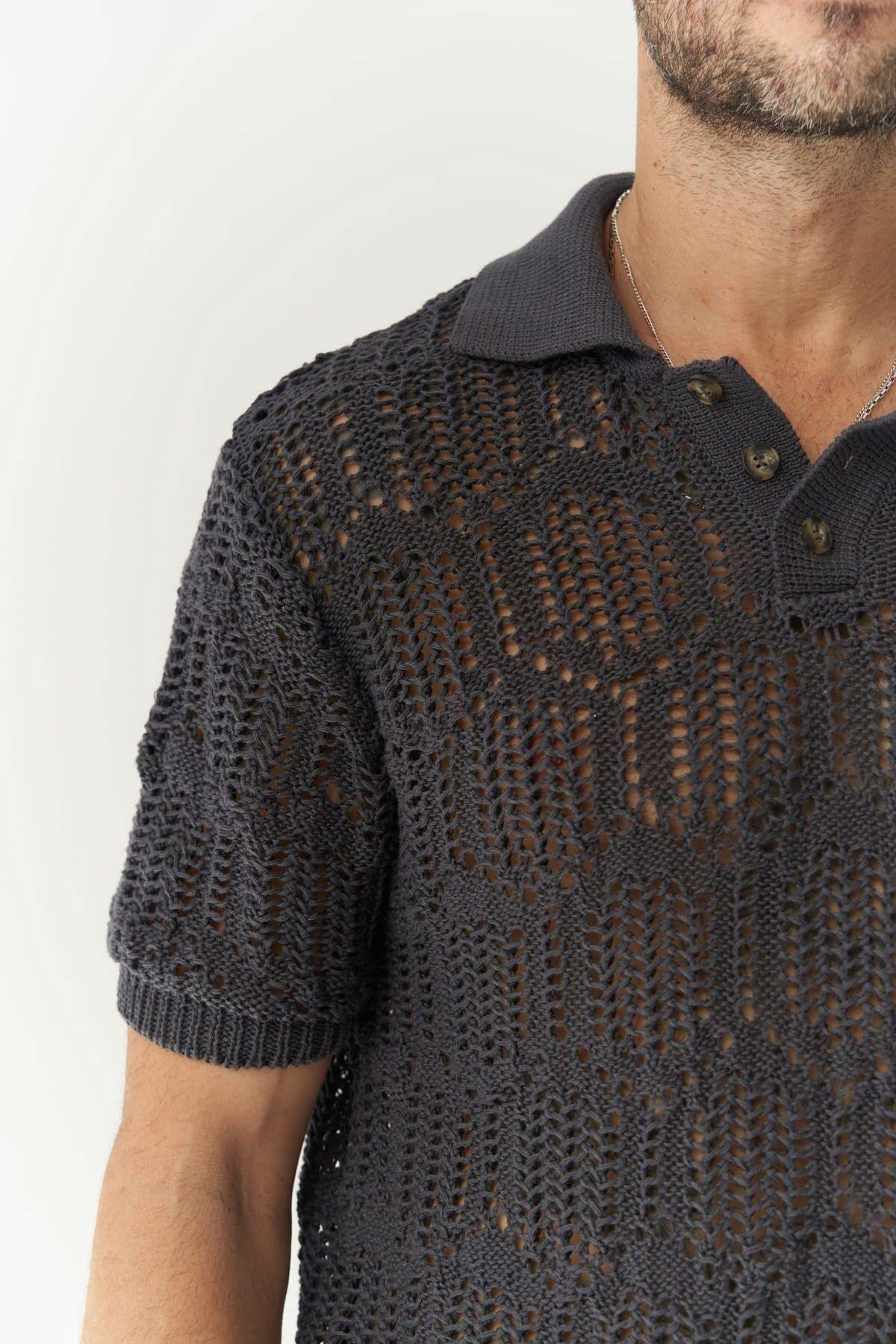Leonard Erkek Düğme Detay Füme Triko T-Shirt