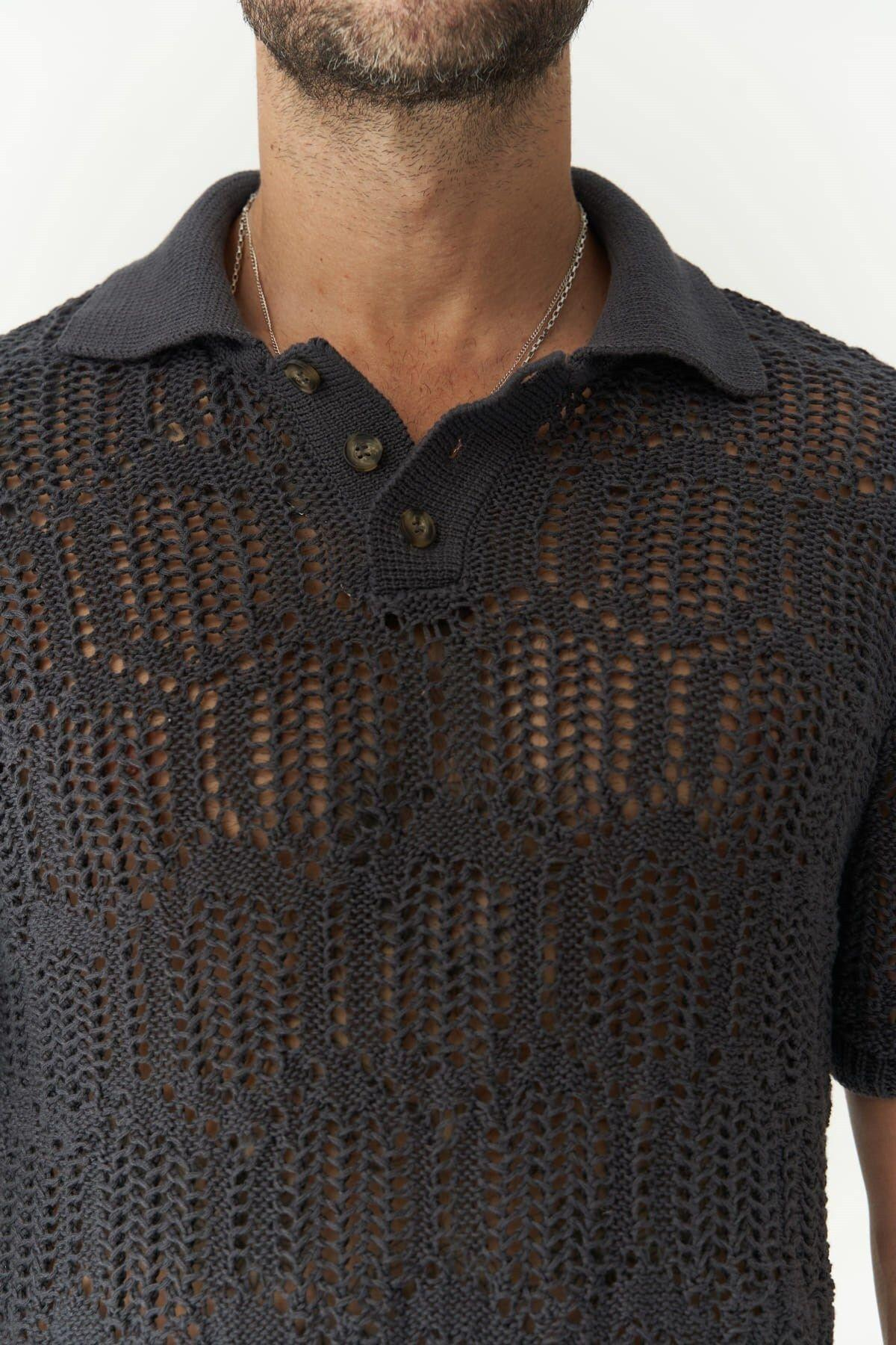 Leonard Erkek Düğme Detay Füme Triko T-Shirt