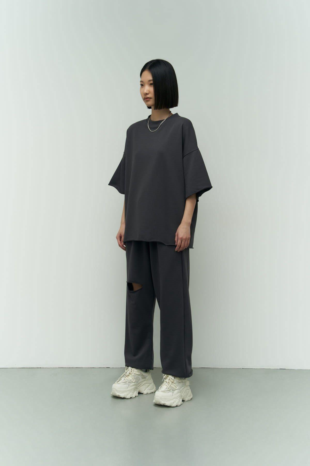 Lion Antrasit Oversize T-shirt Yırtıklı Eşofman Takım