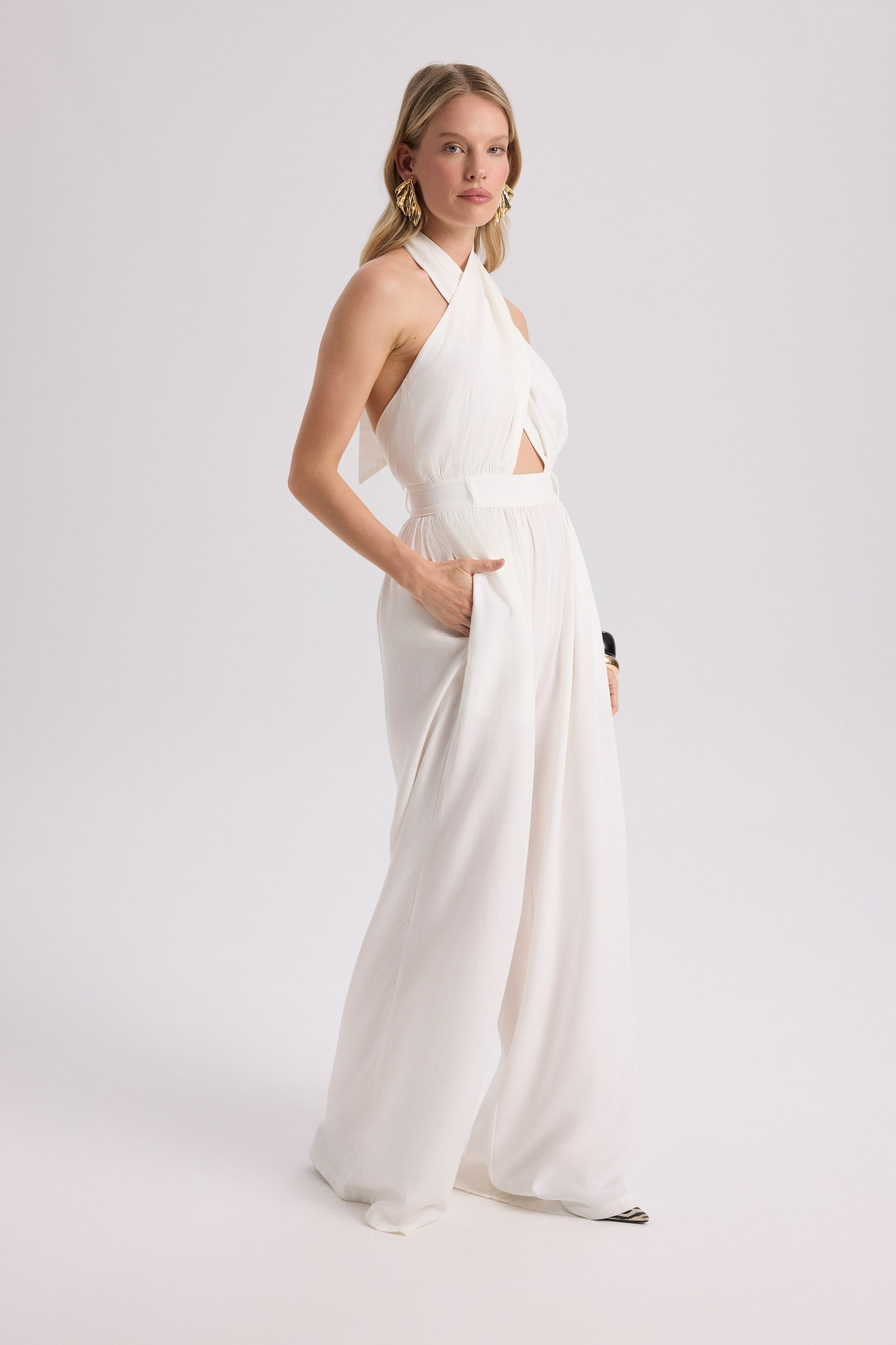 Lios Cut-Out Detail Ecru Long Jumpsuit