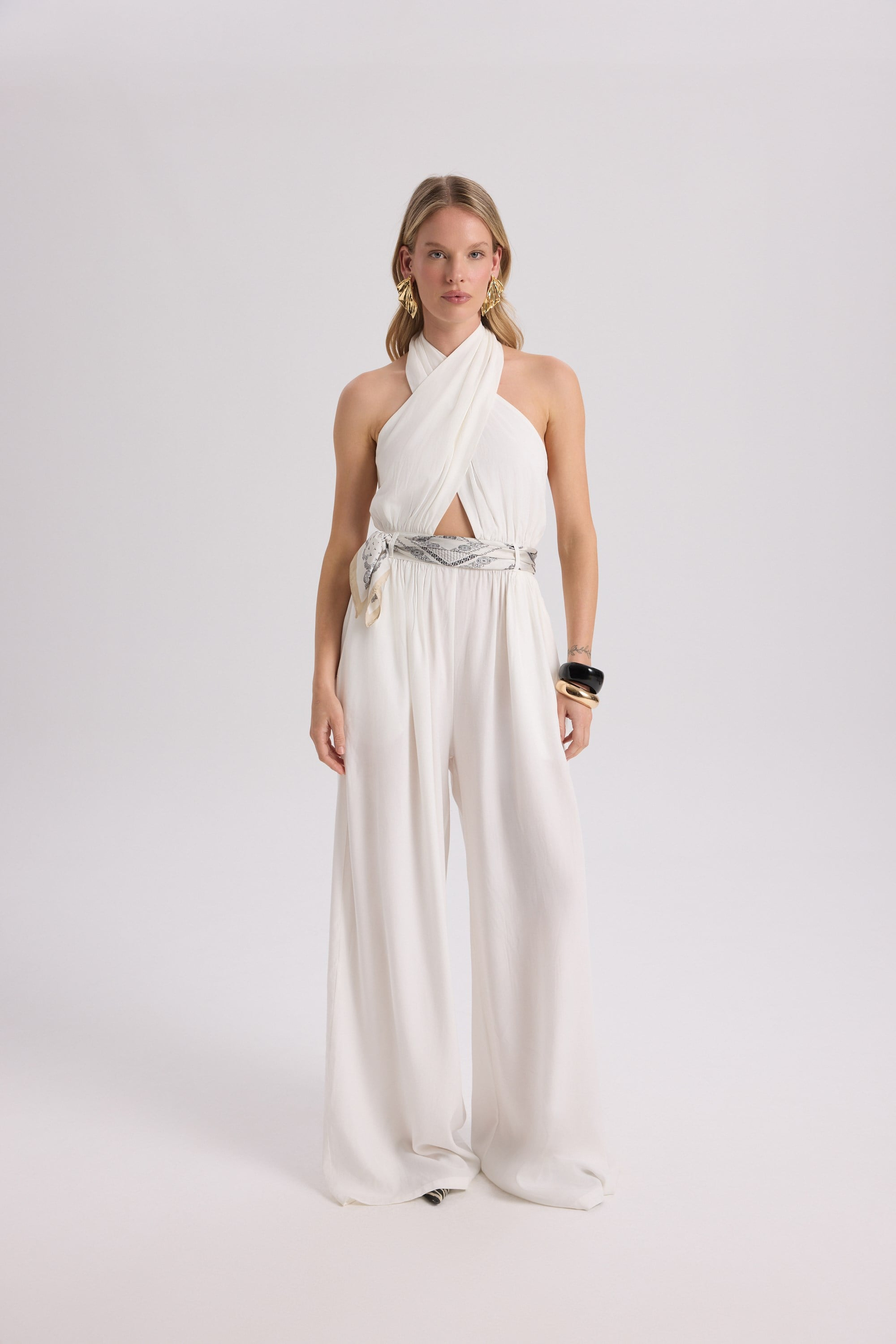 Lios Cut-Out Detail Ecru Long Jumpsuit