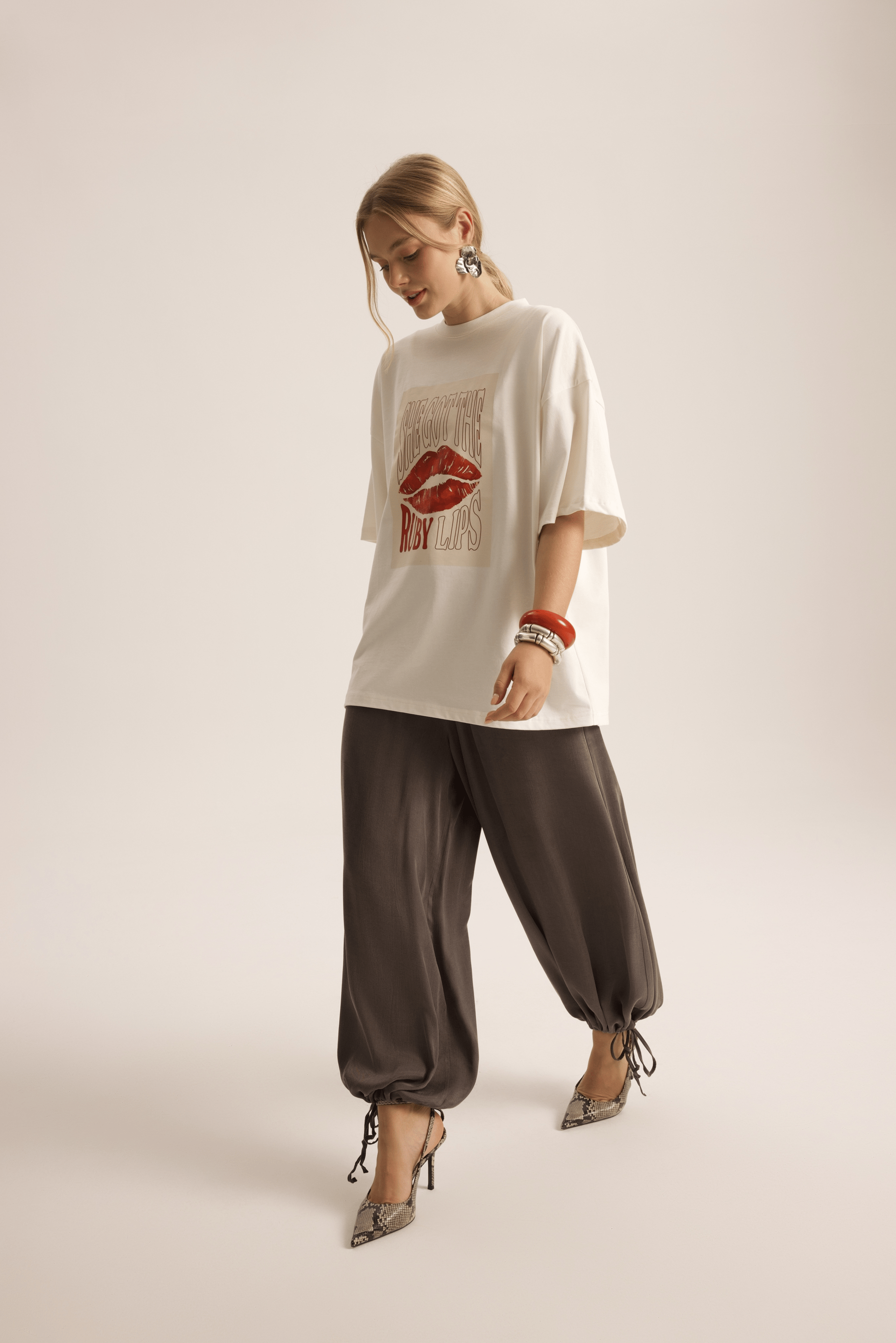 Lip Print Oversize Beyaz T-Shirt