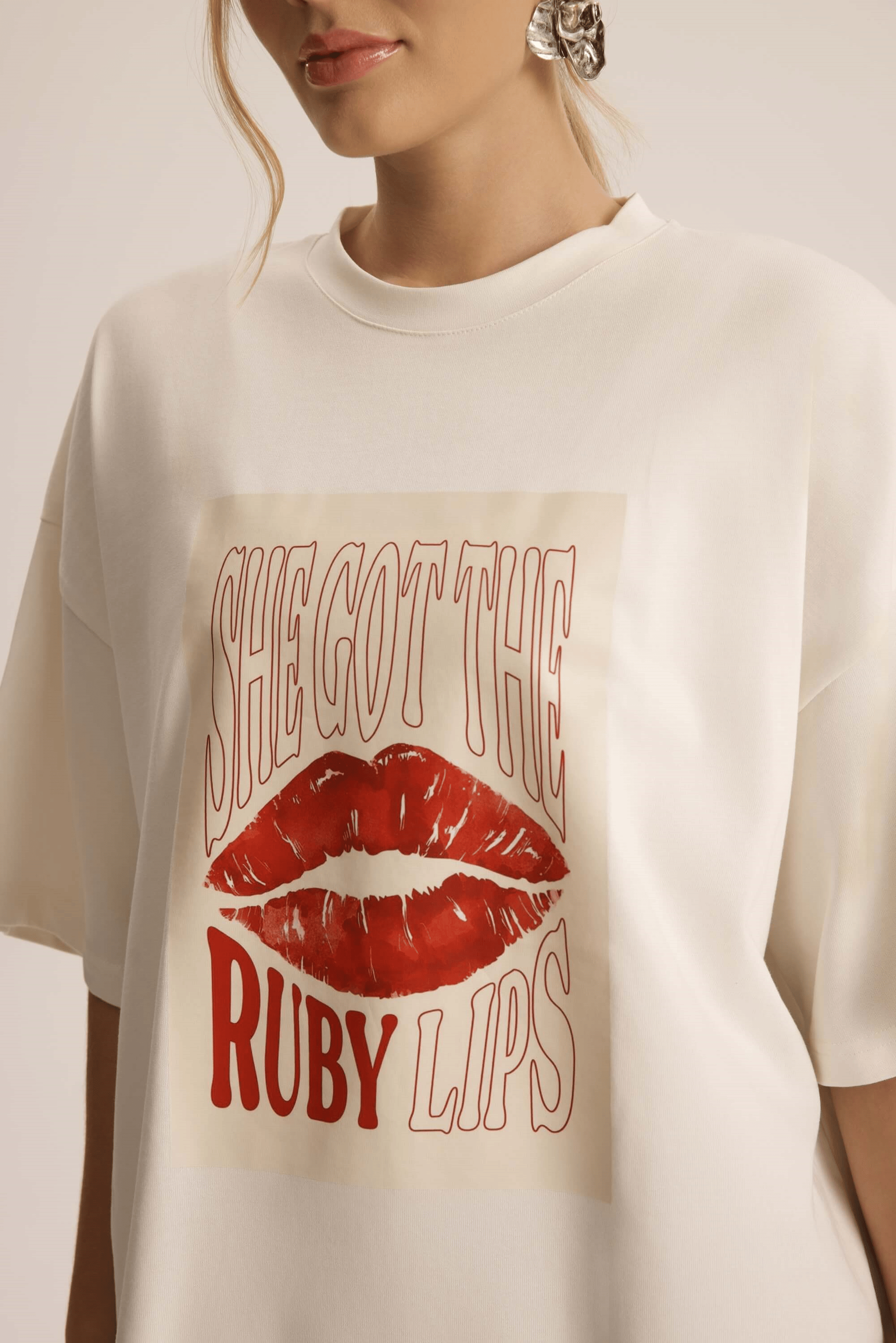 Lip Print Oversize Beyaz T-Shirt