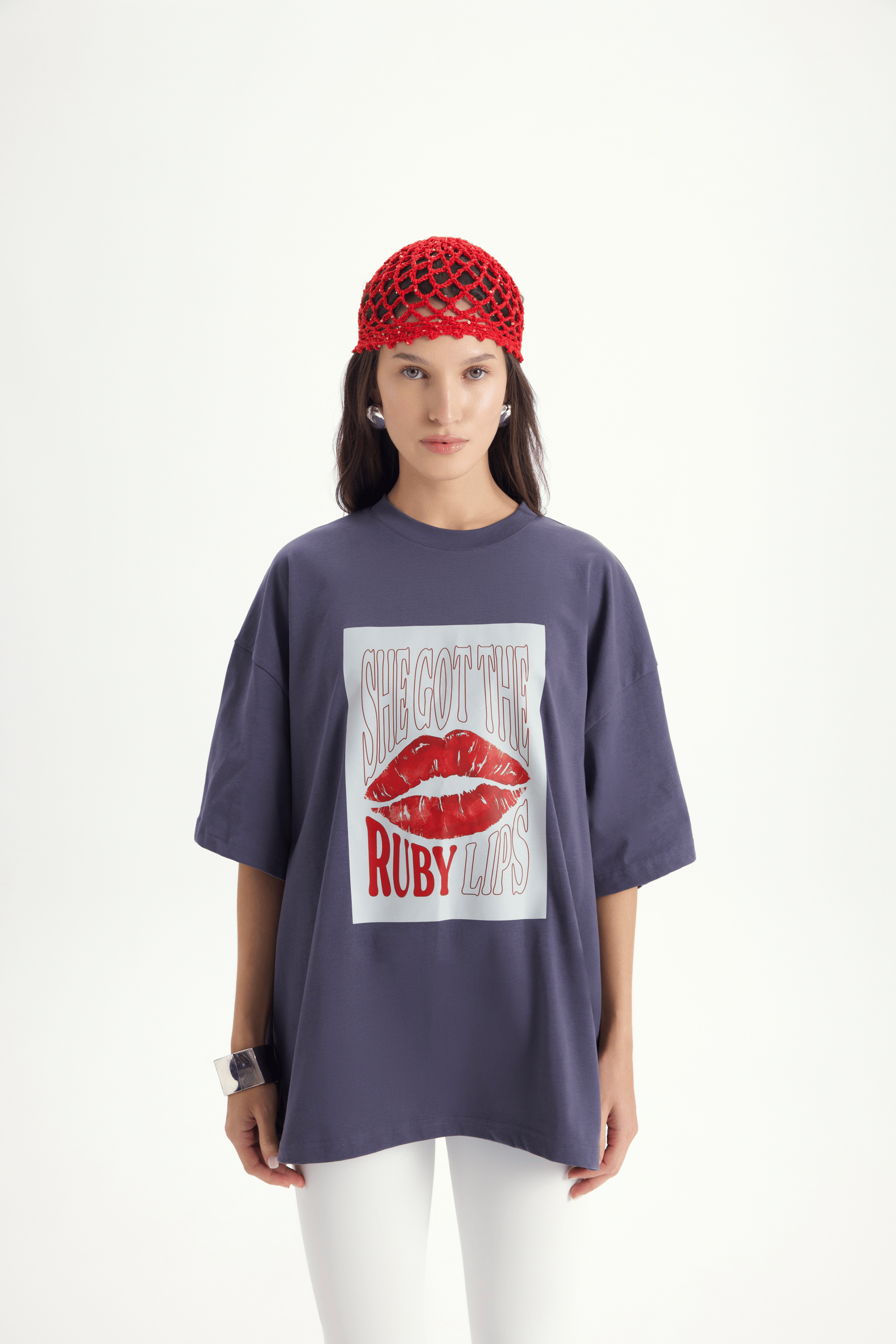 Lip Print Oversize Füme T-Shirt
