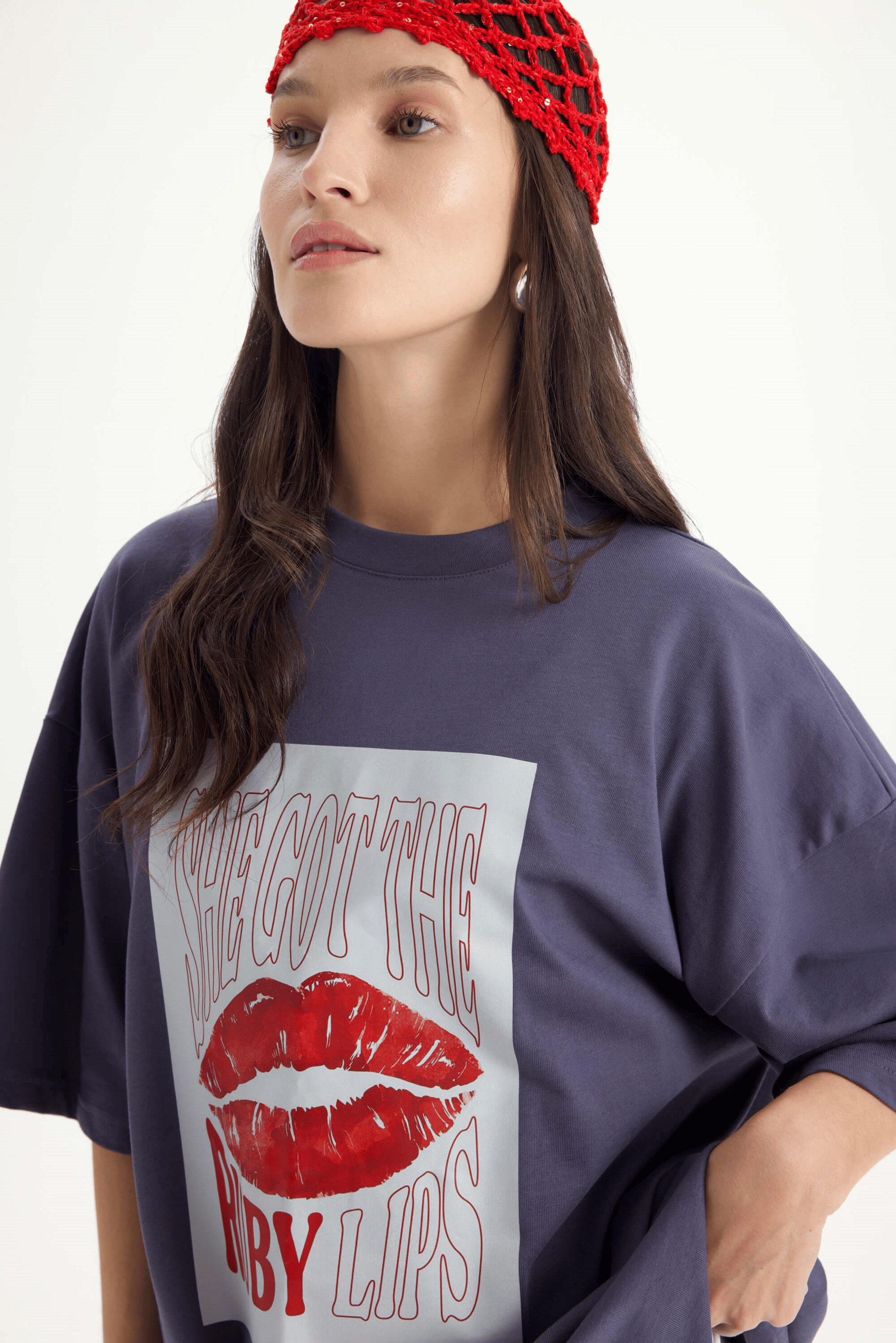 Lip Print Oversize Füme T-Shirt
