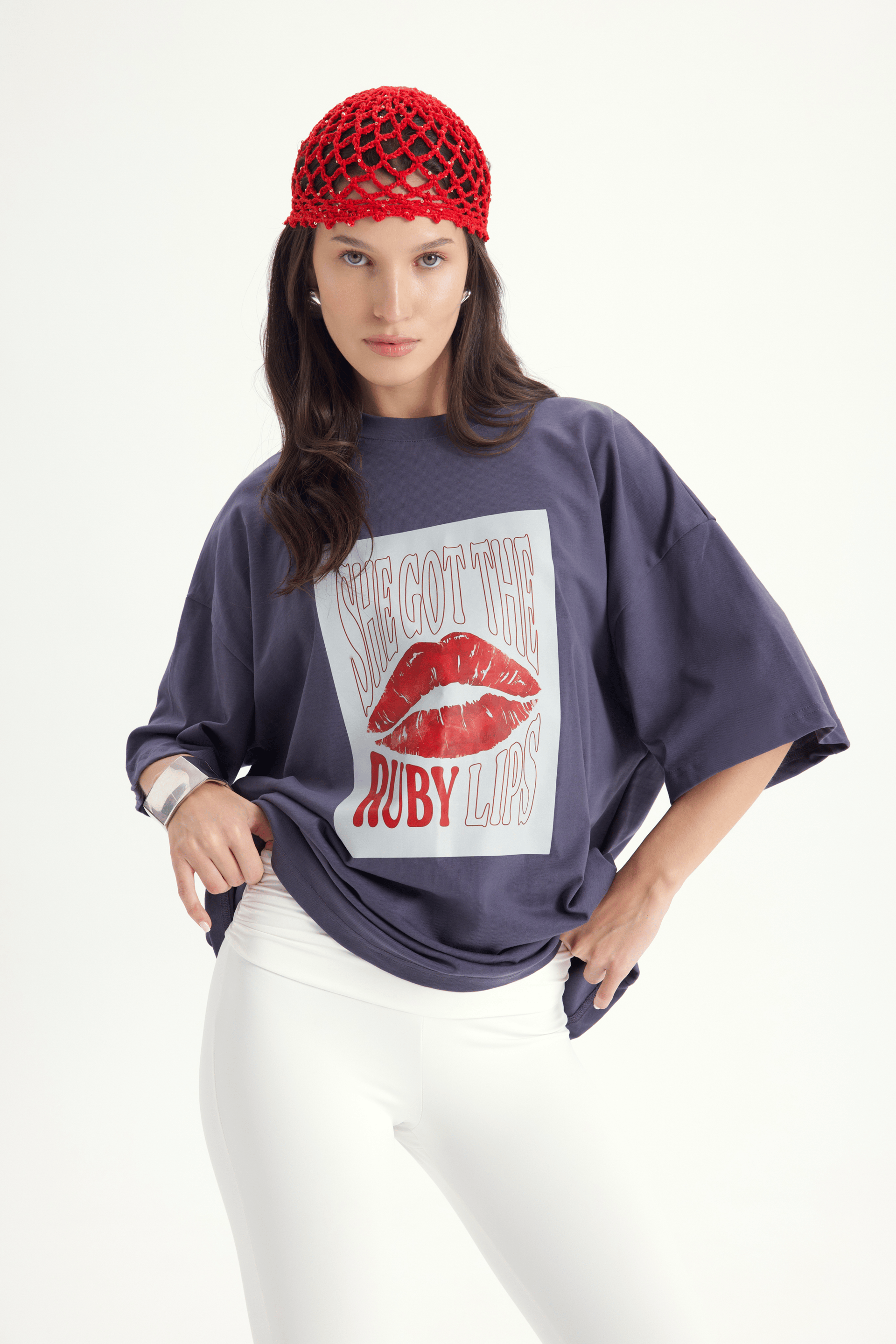 Lip Print Oversize Füme T-Shirt