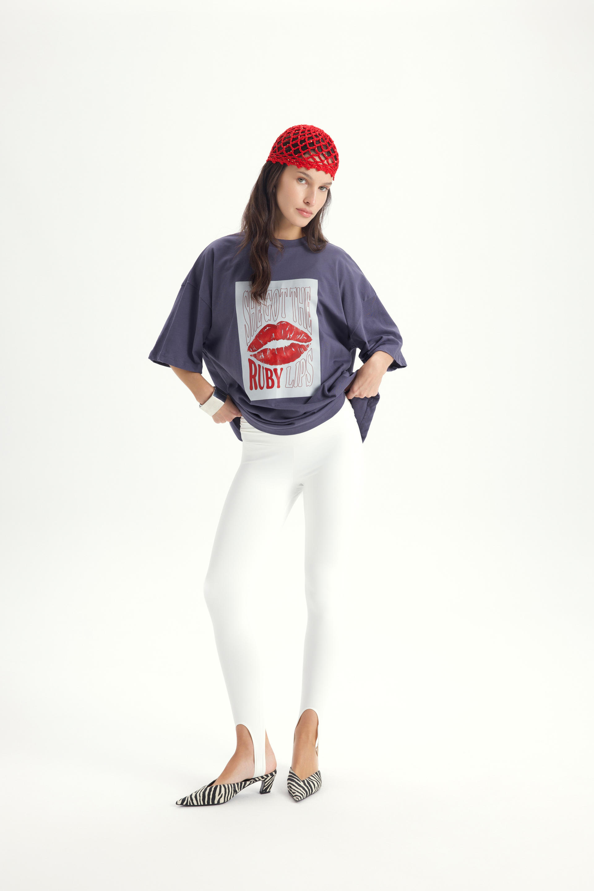 Lip Print Oversize Füme T-Shirt