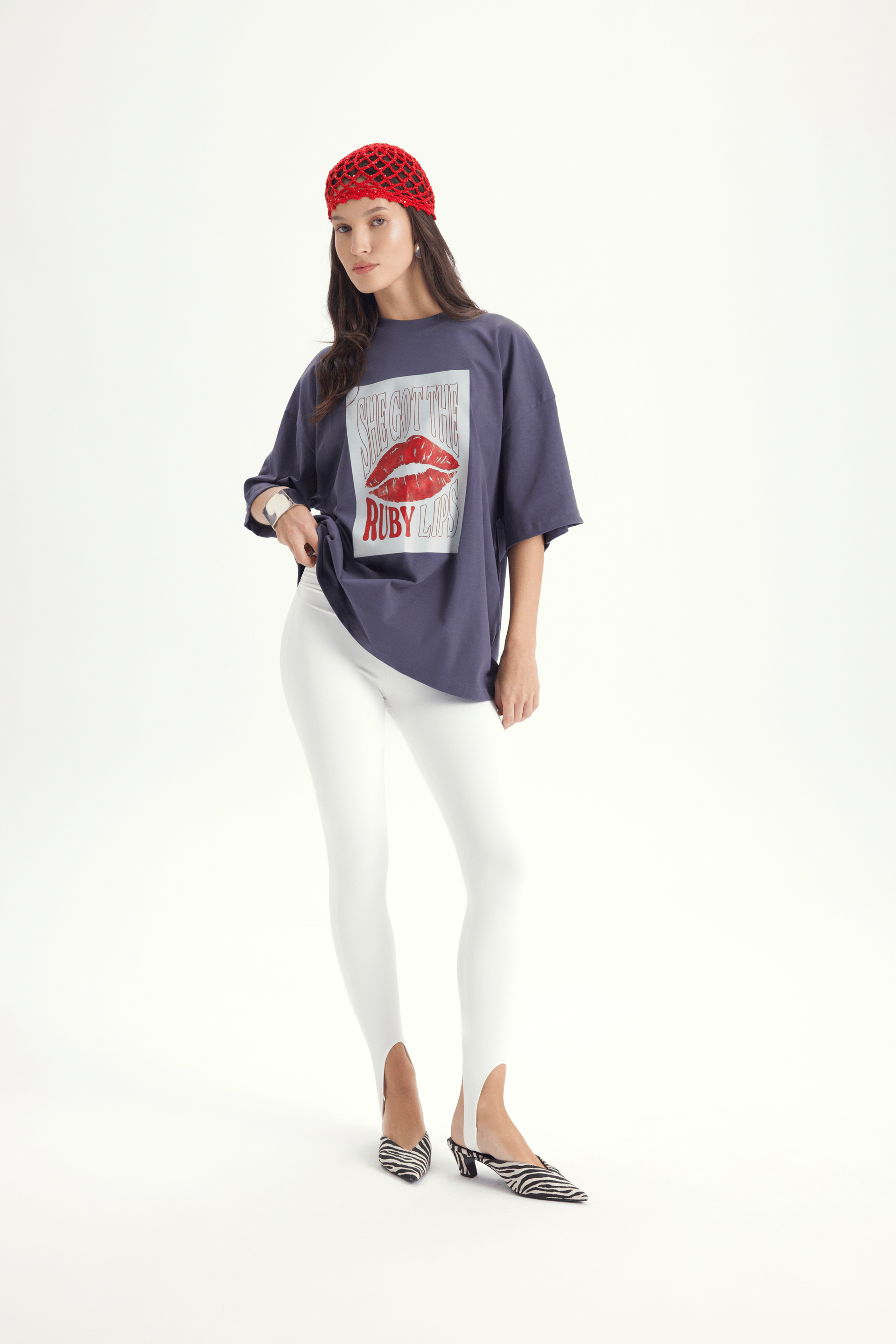 Lip Print Oversize Füme T-Shirt