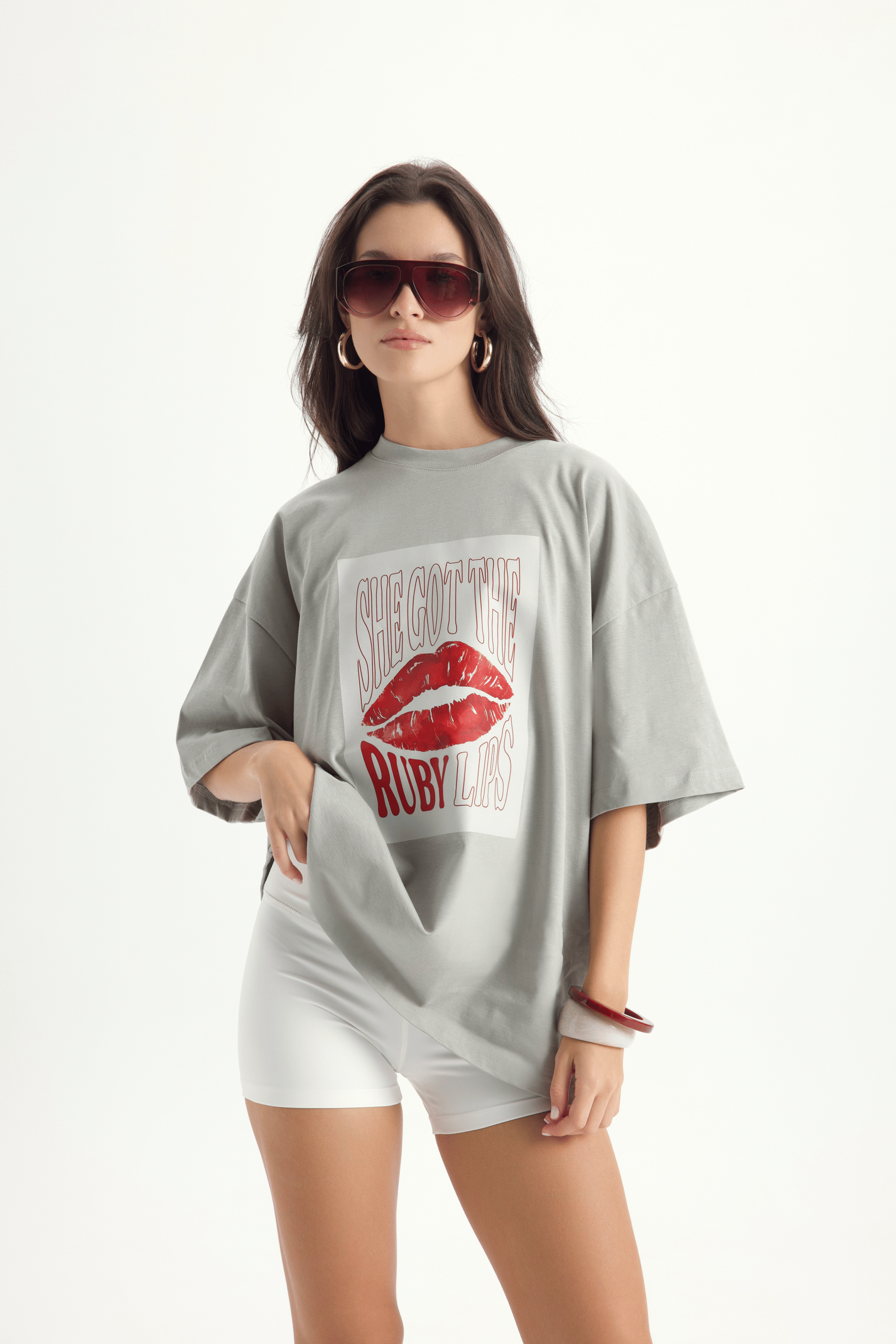 Lip Print Oversize Gri T-Shirt