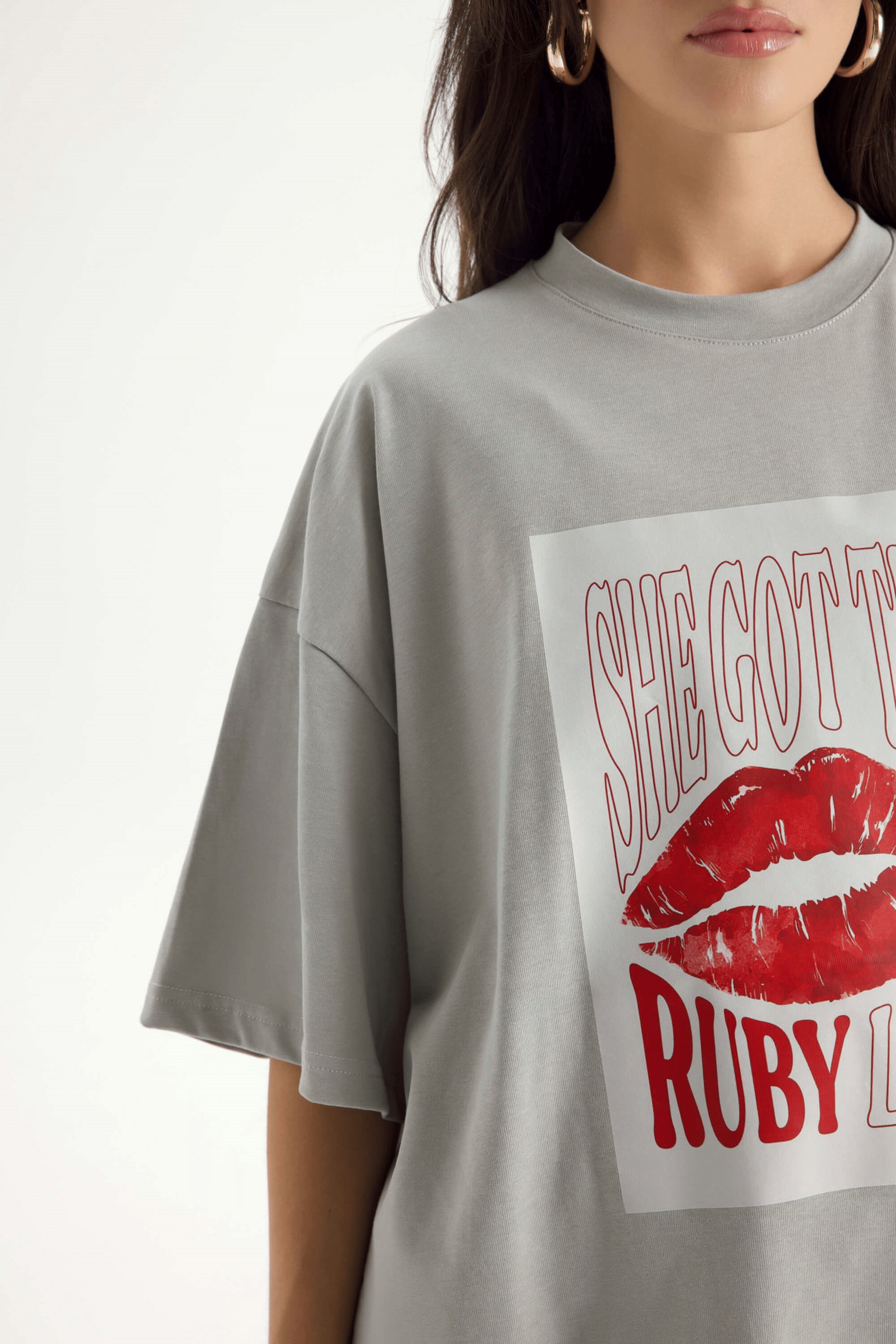 Lip Print Oversize Gri T-Shirt