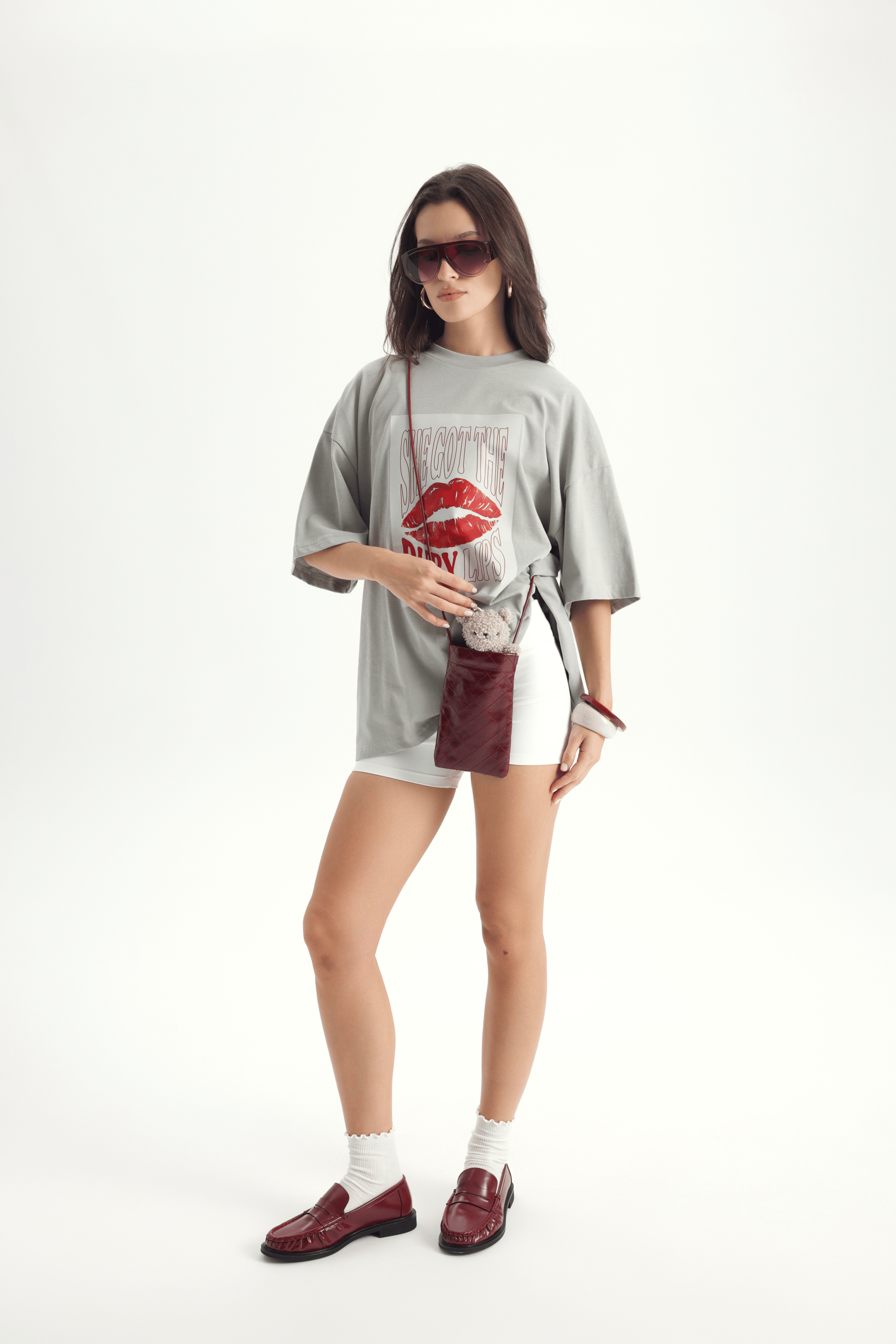 Lip Print Oversize Gri T-Shirt