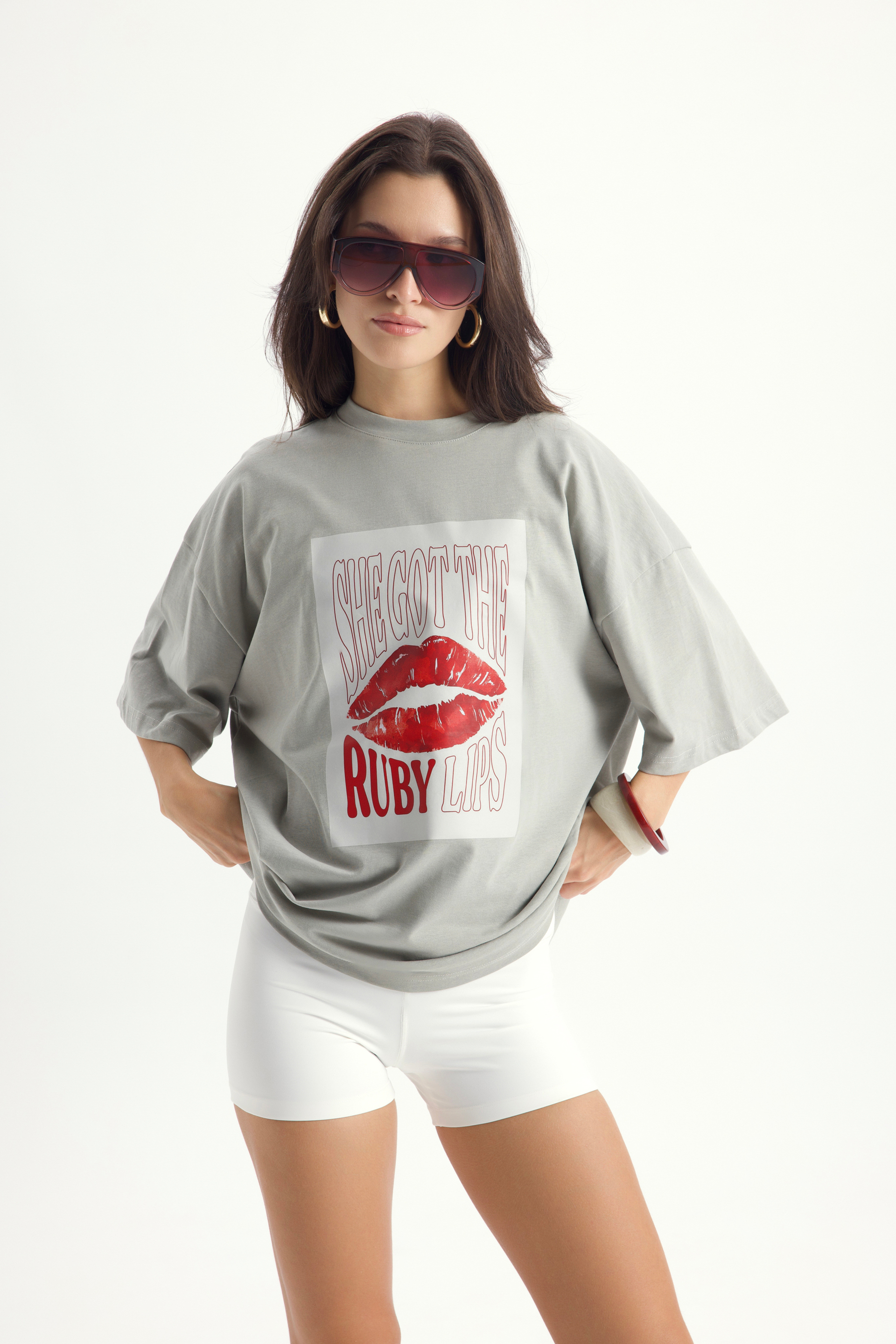Lip Print Oversize Gri T-Shirt