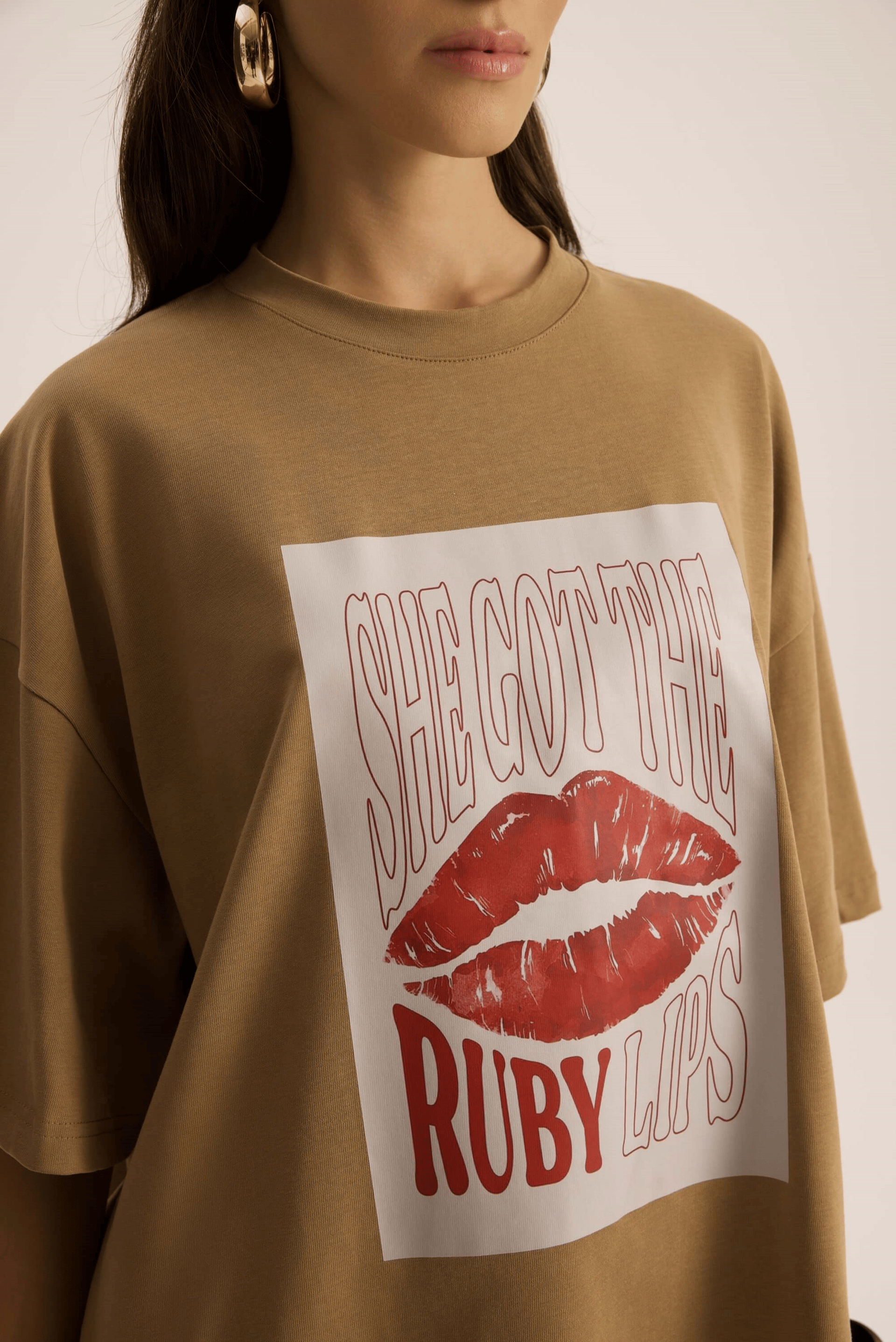 Lip Print Oversize Haki T-Shirt