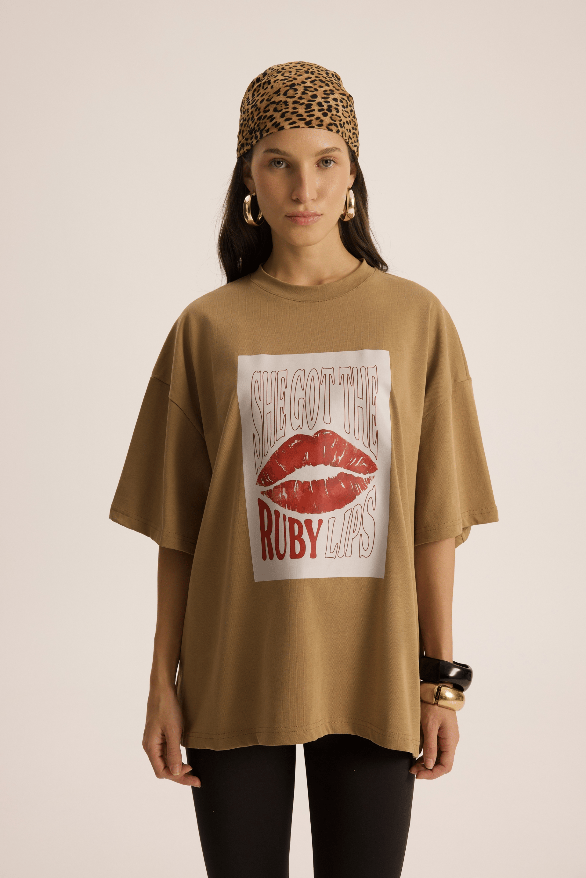 Lip Print Oversize Haki T-Shirt
