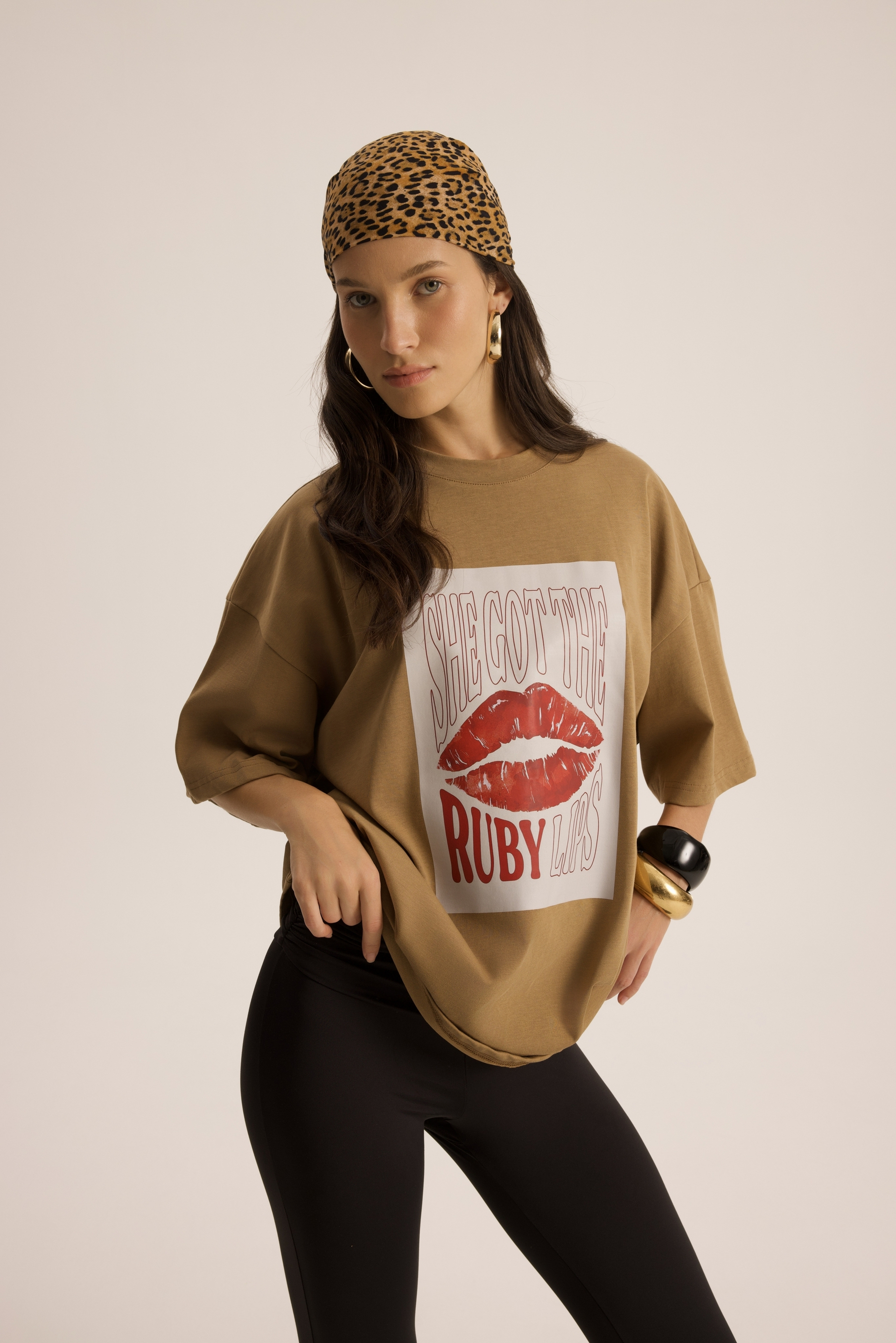 Lip Print Oversize Haki T-Shirt
