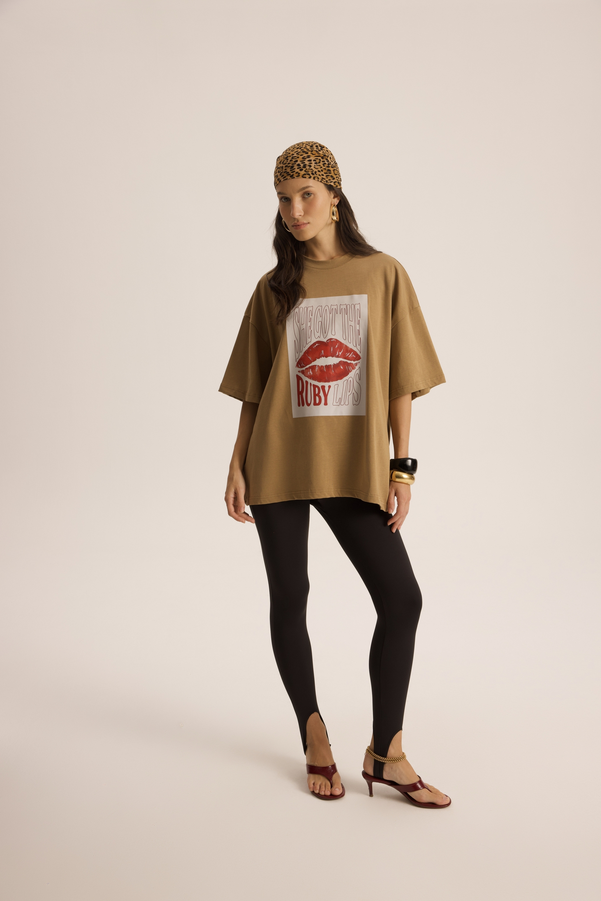 Lip Print Oversize Haki T-Shirt