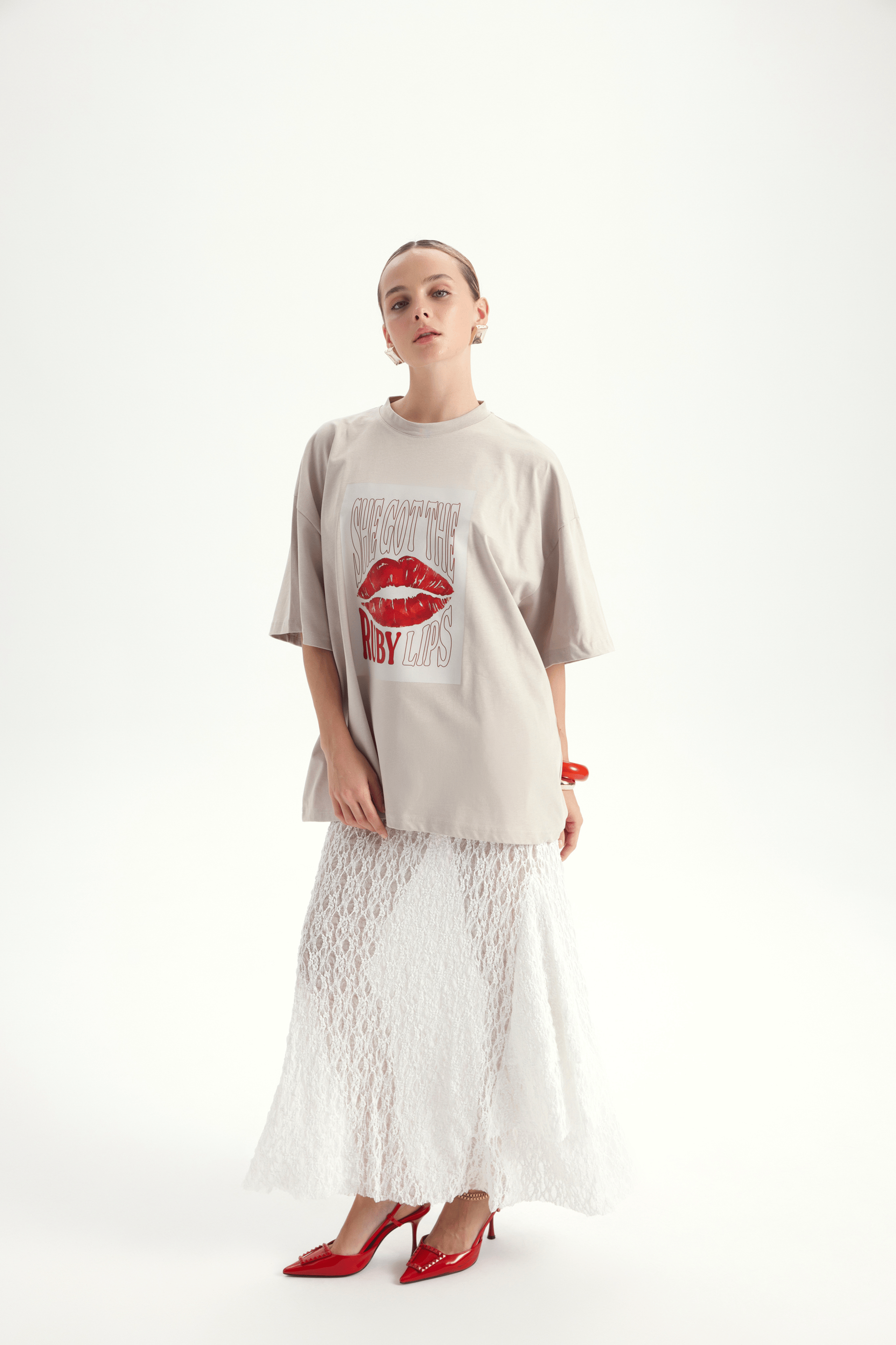 Lip Print Oversize Taş T-Shirt