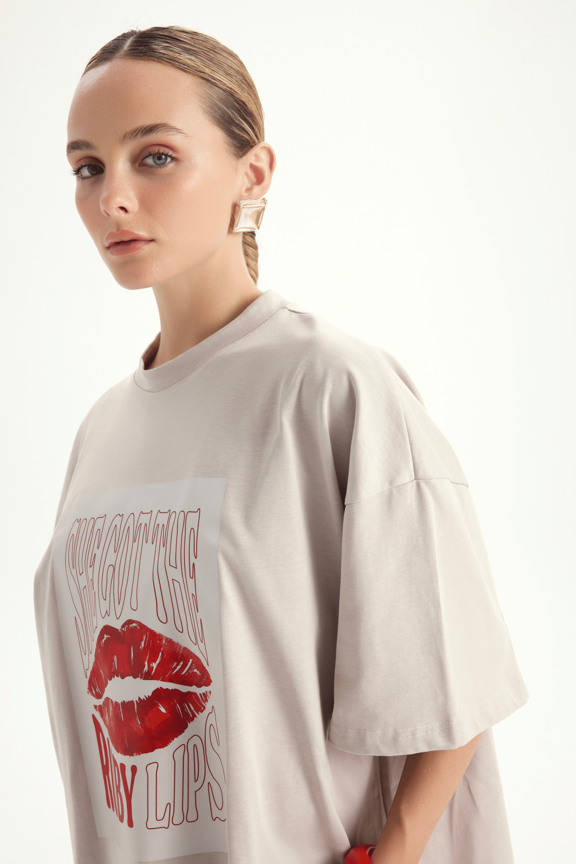 Lip Print Oversize Taş T-Shirt