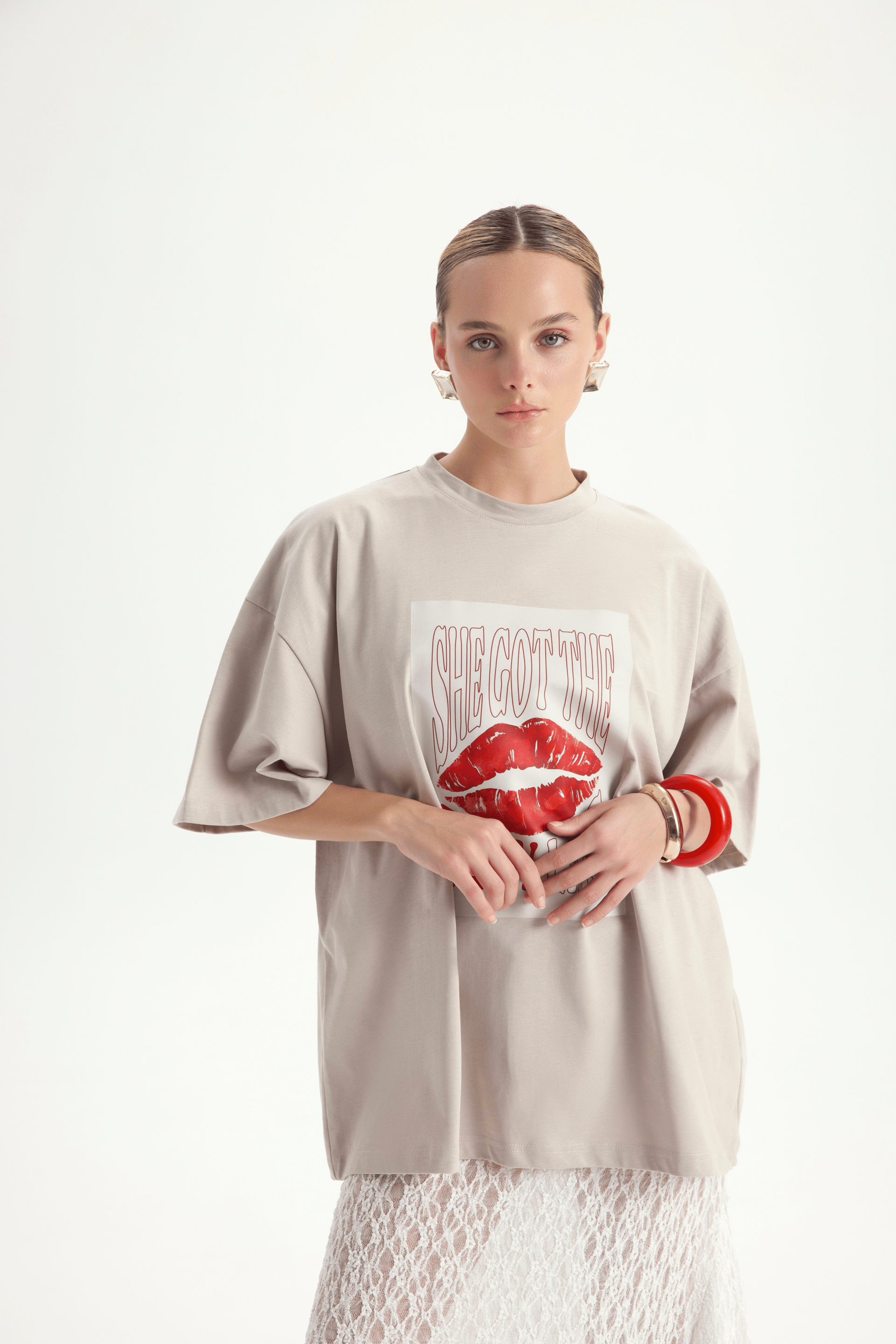 Lip Print Oversize Taş T-Shirt