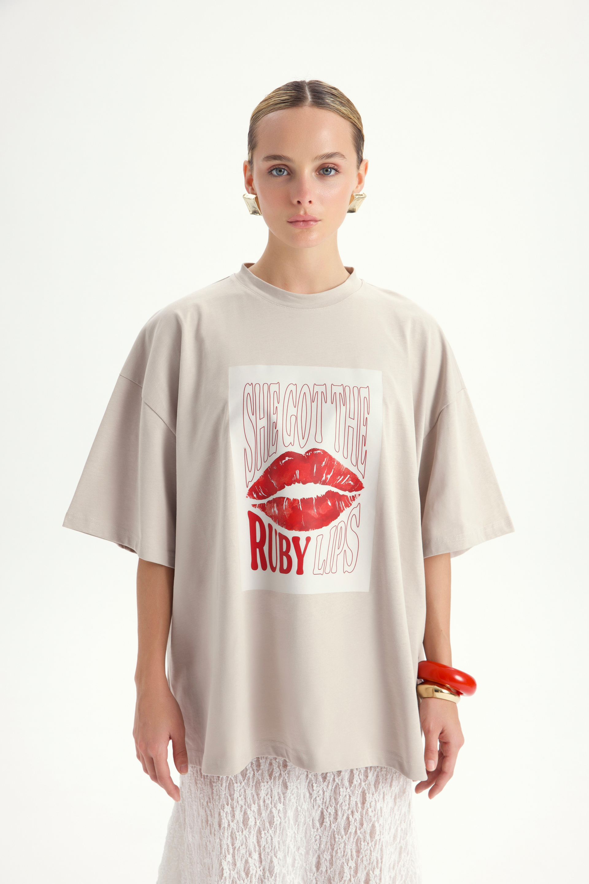 Lip Print Oversize Taş T-Shirt