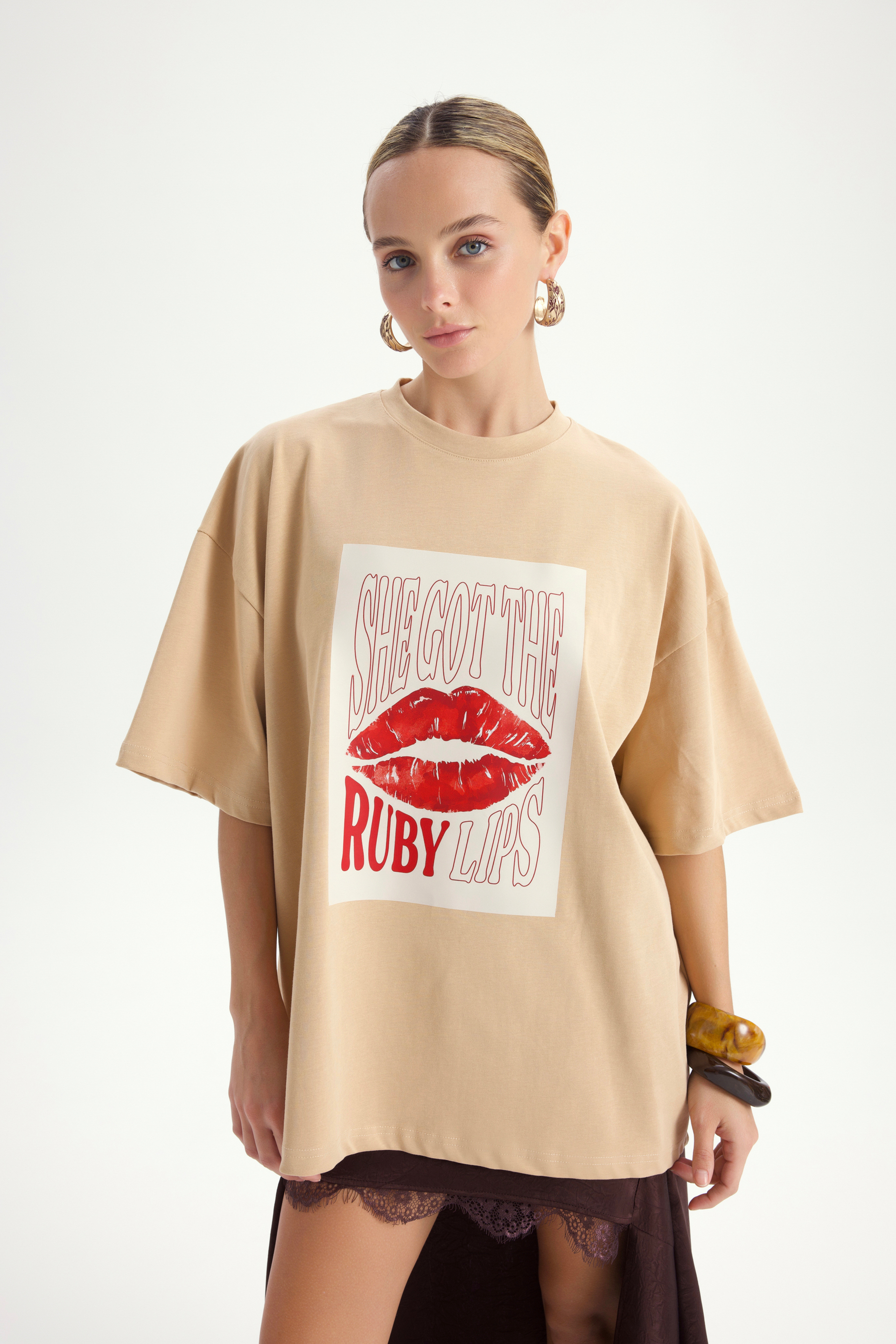 Lip Print Oversize Vizon T-Shirt