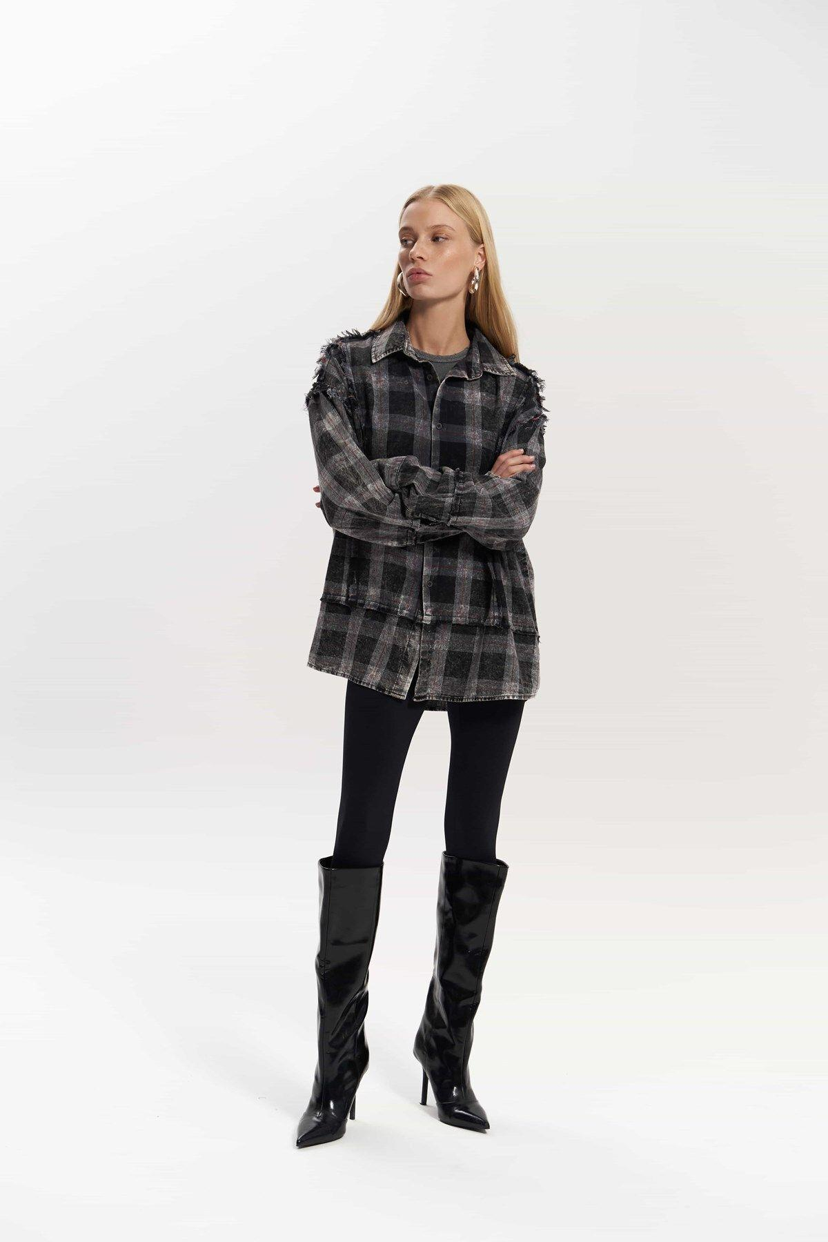 Loma Washed Oversized Unisex Anthracite Check Shirt