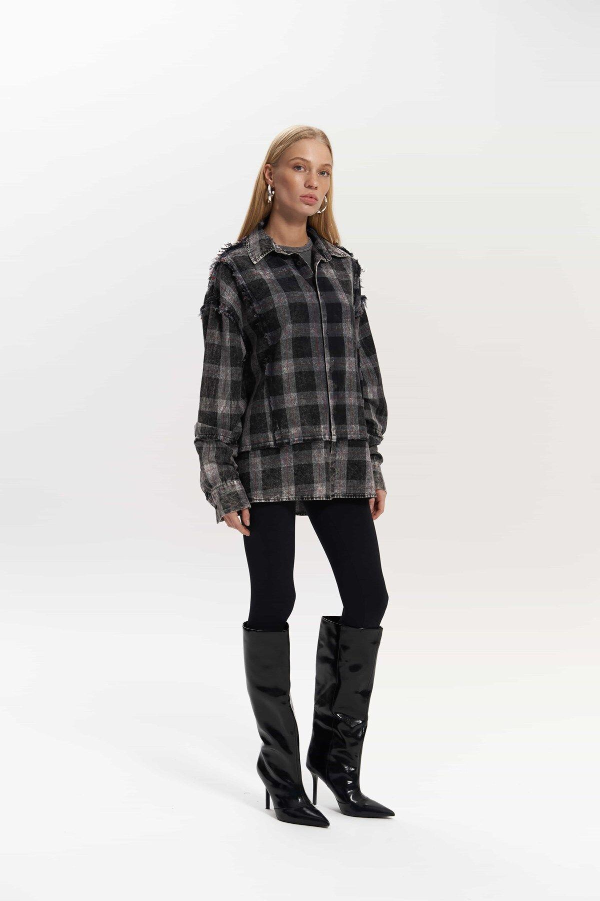 Loma Washed Oversized Unisex Anthracite Check Shirt