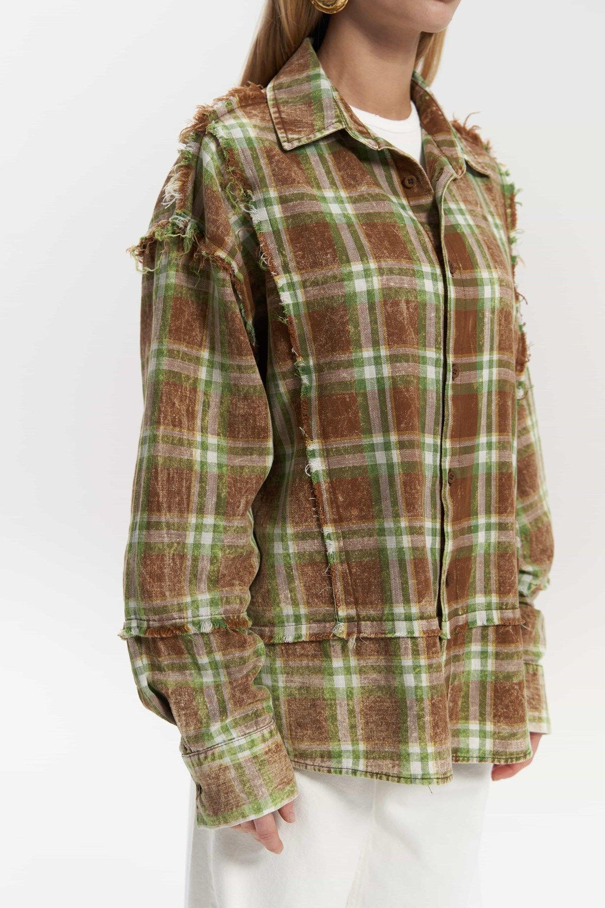 Loma Yıkamalı Oversize Unisex Ekose Kahve Gömlek