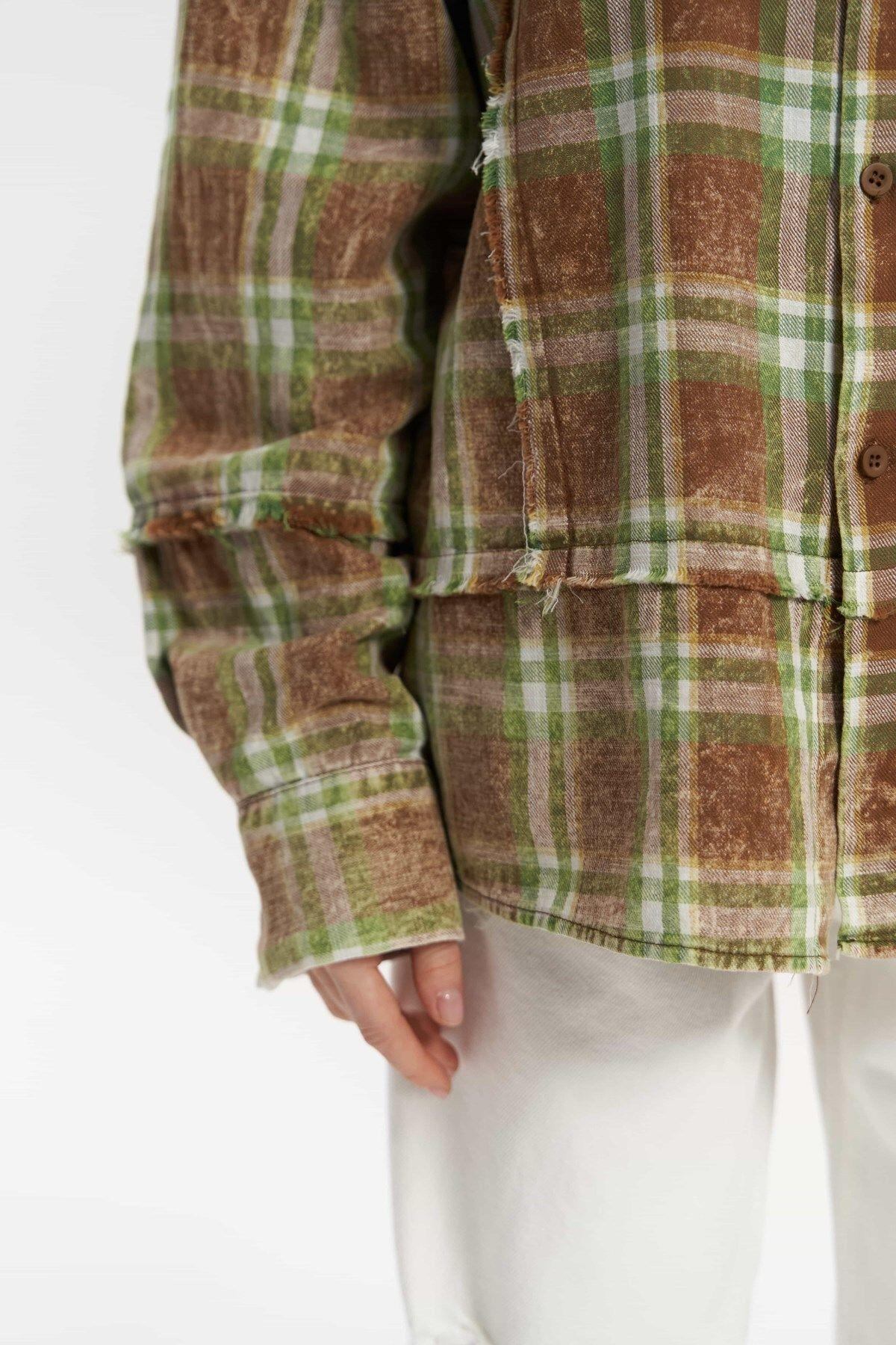 Loma Yıkamalı Oversize Unisex Ekose Kahve Gömlek