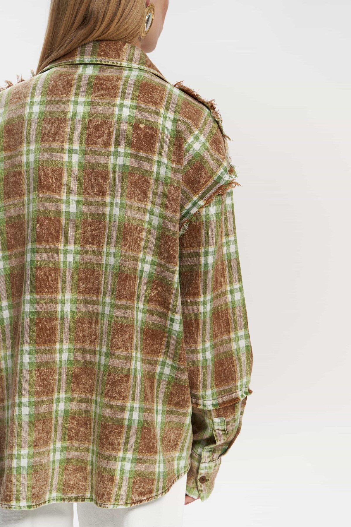 Loma Yıkamalı Oversize Unisex Ekose Kahve Gömlek