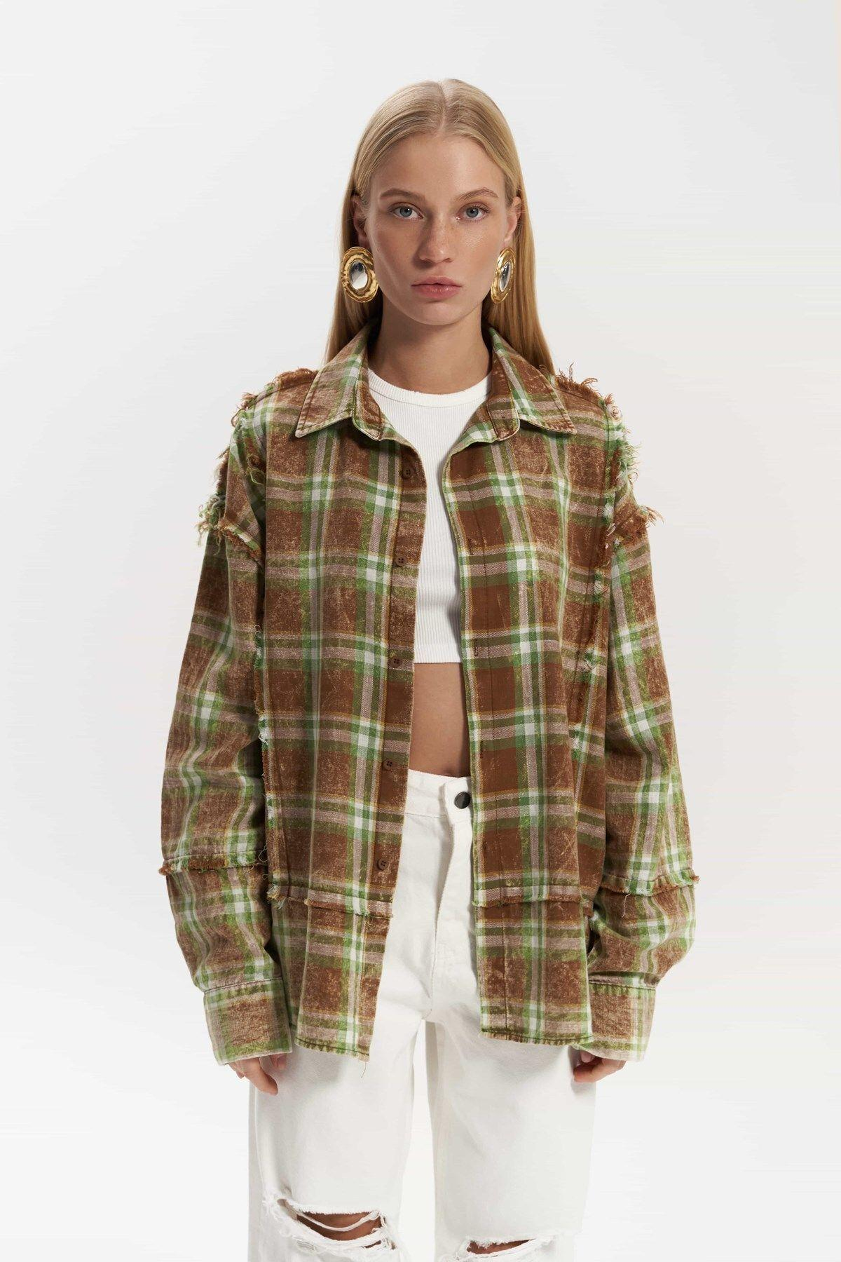 Loma Yıkamalı Oversize Unisex Ekose Kahve Gömlek