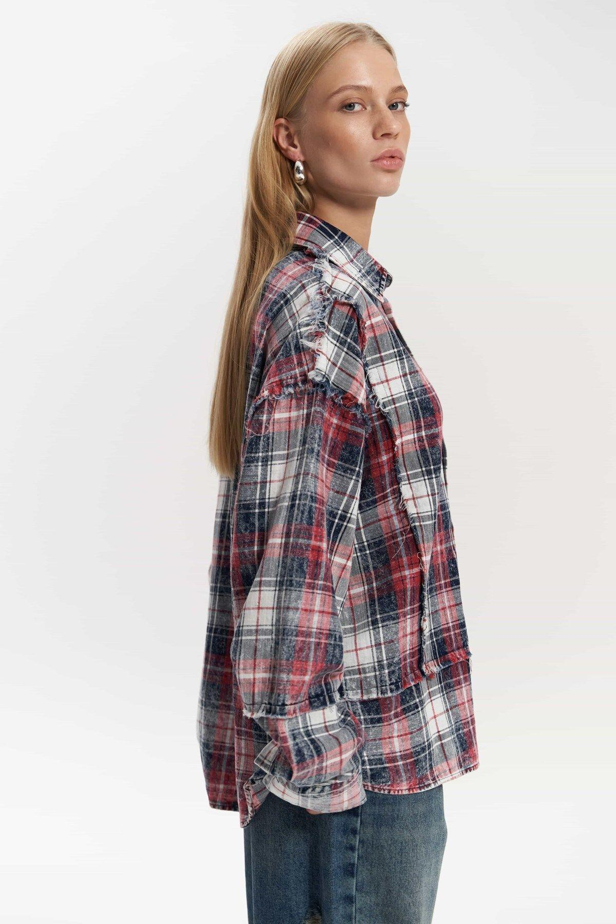 Loma Washed Oversized Unisex Red Check Shirt