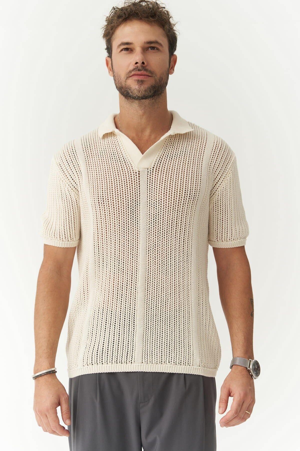 Looke Erkek Çizgi Detay Ekru Triko T-shirt