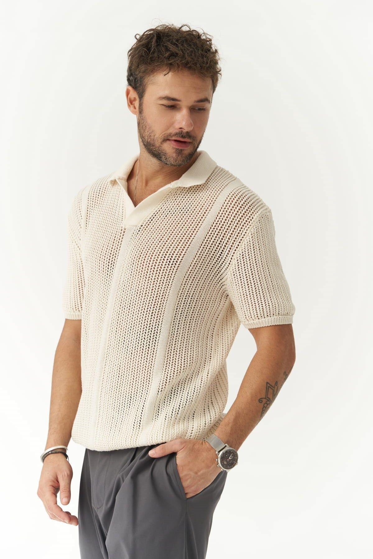 Looke Erkek Çizgi Detay Ekru Triko T-shirt