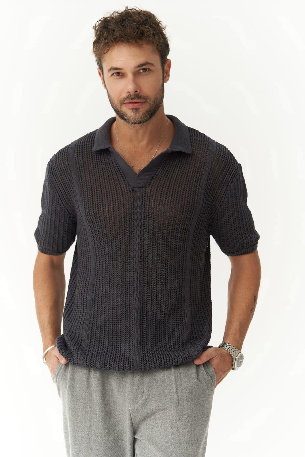 Looke Erkek Çizgi Detay Füme Triko T-shirt