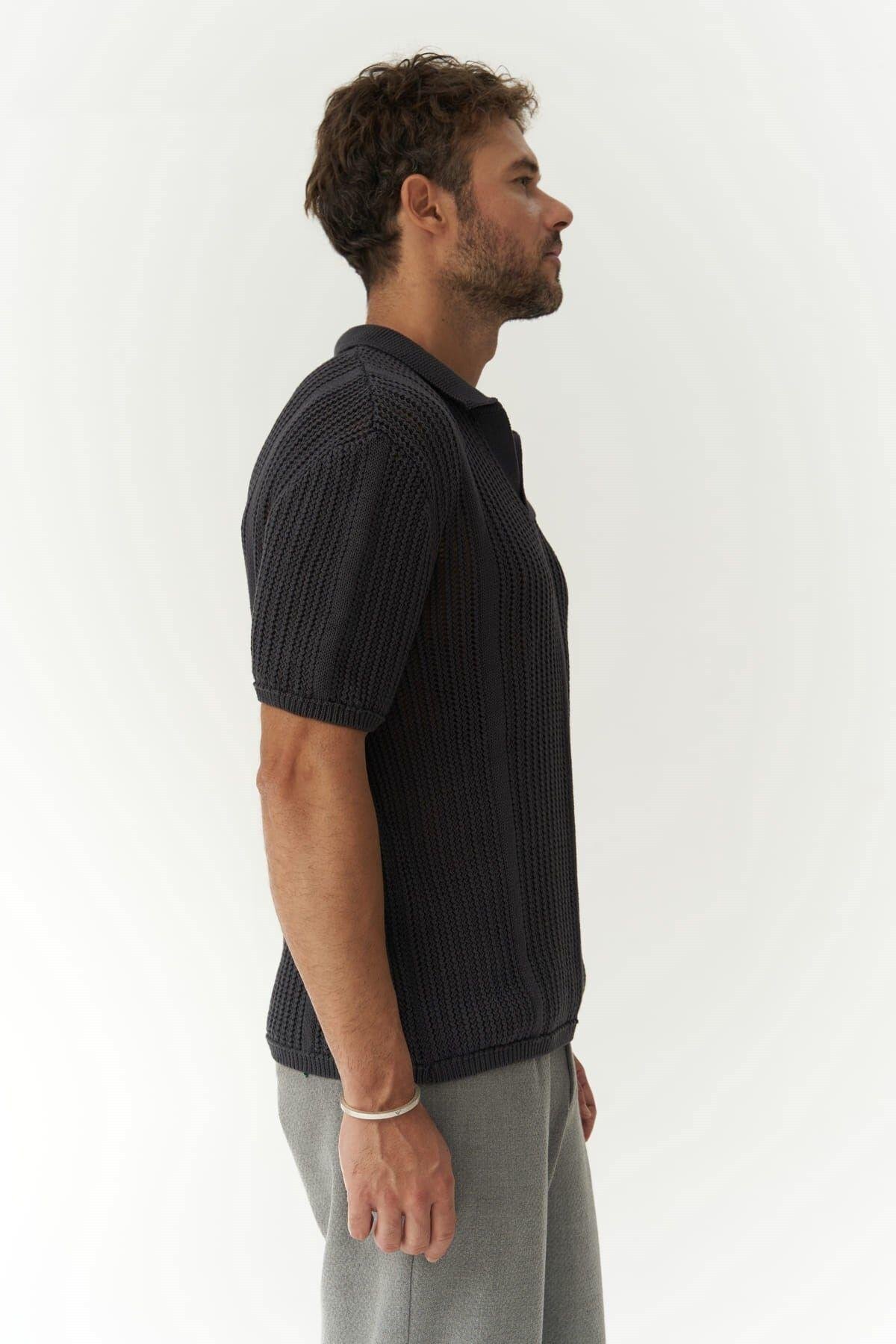 Looke Erkek Çizgi Detay Füme Triko T-shirt