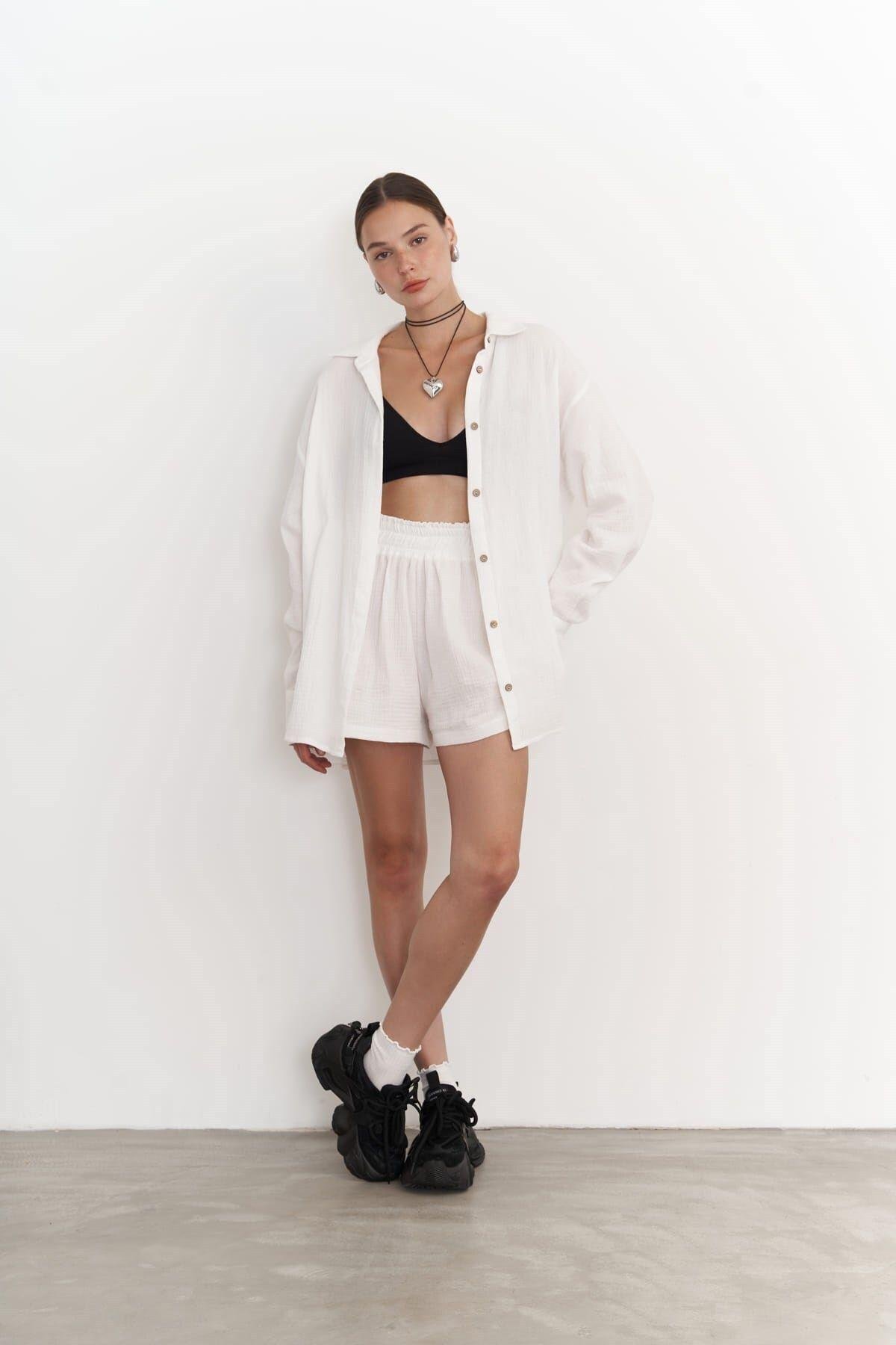 Lorissa Ecru Muslin Shirt & Shorts Set
