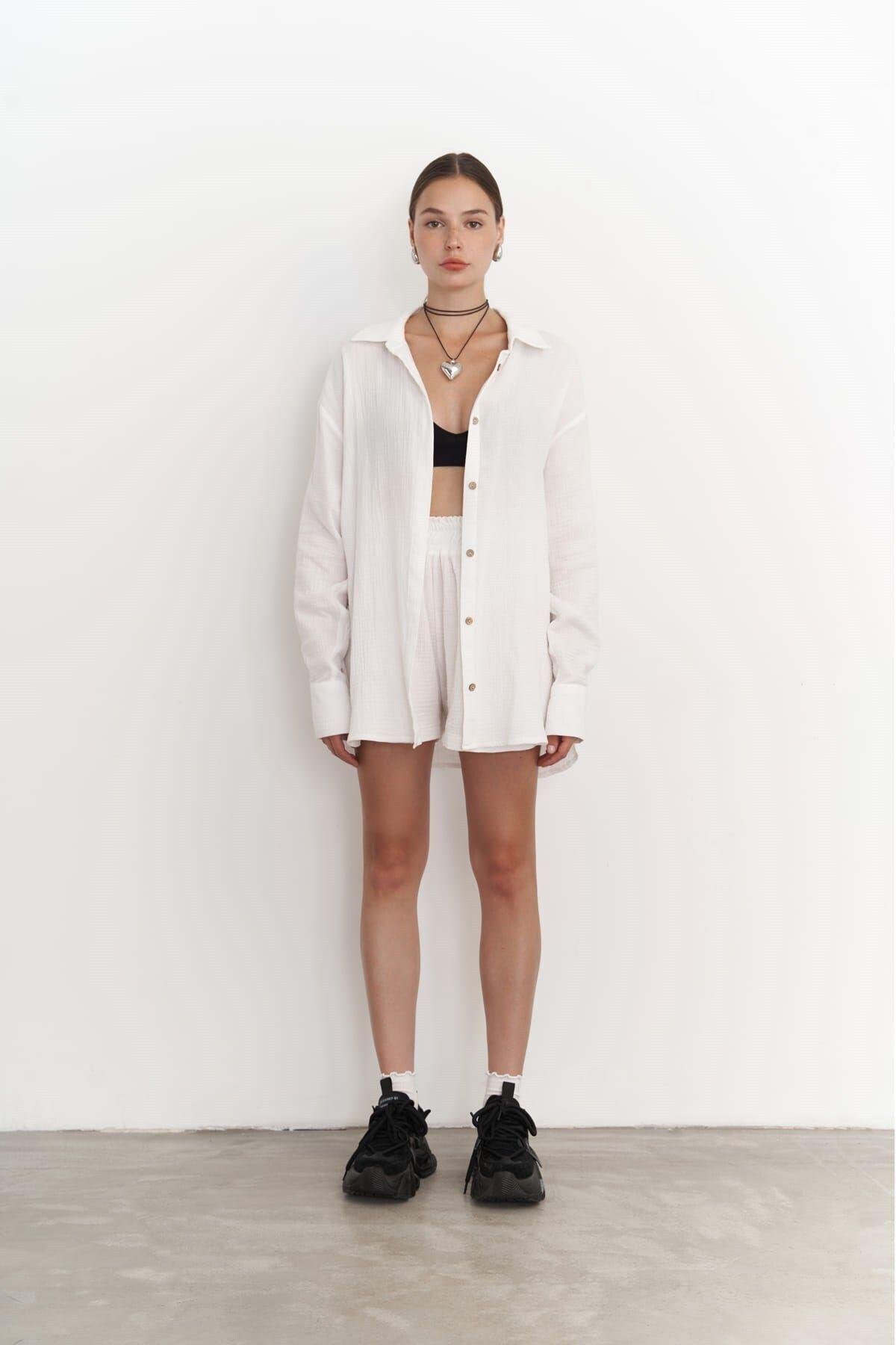 Lorissa Ecru Muslin Shirt & Shorts Set