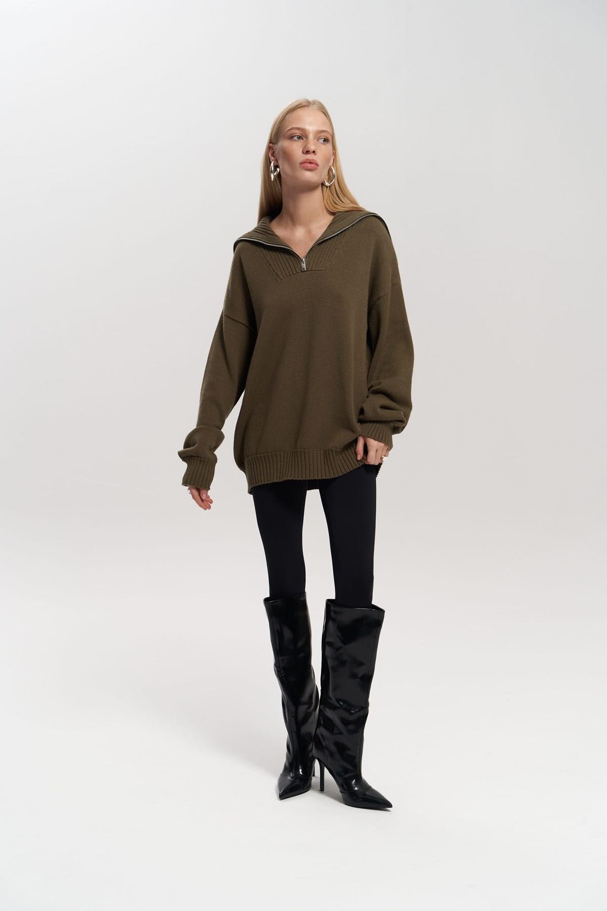 Lorna Fermuarlı Haki Triko Kazak