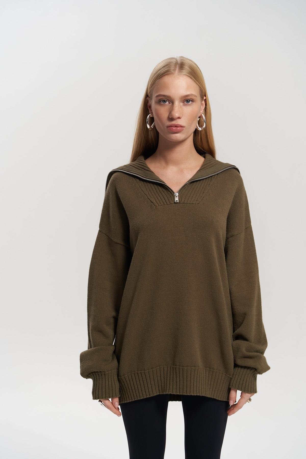 Lorna Fermuarlı Haki Triko Kazak