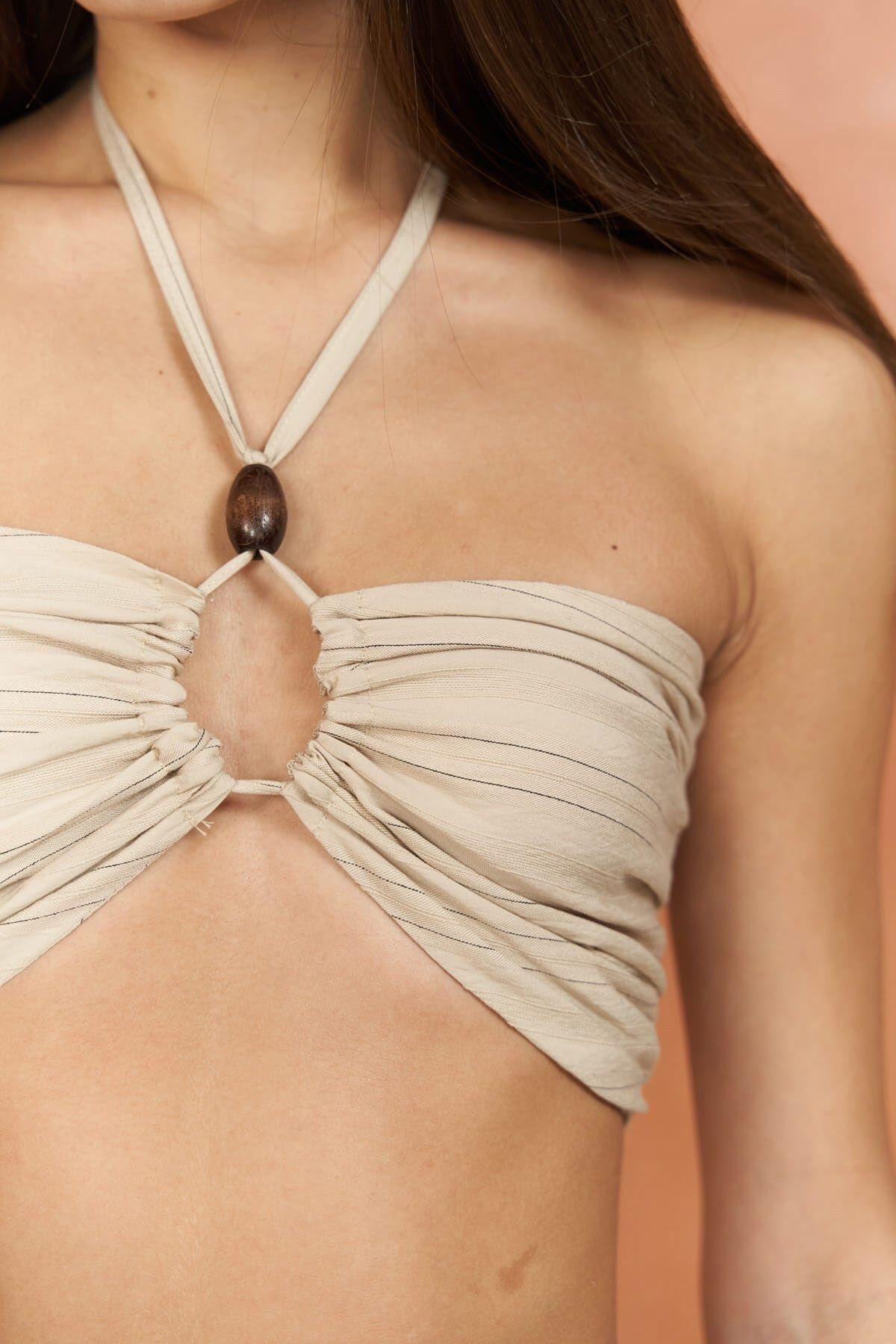 Lovina Çizgili Bej Crop Etek Takım