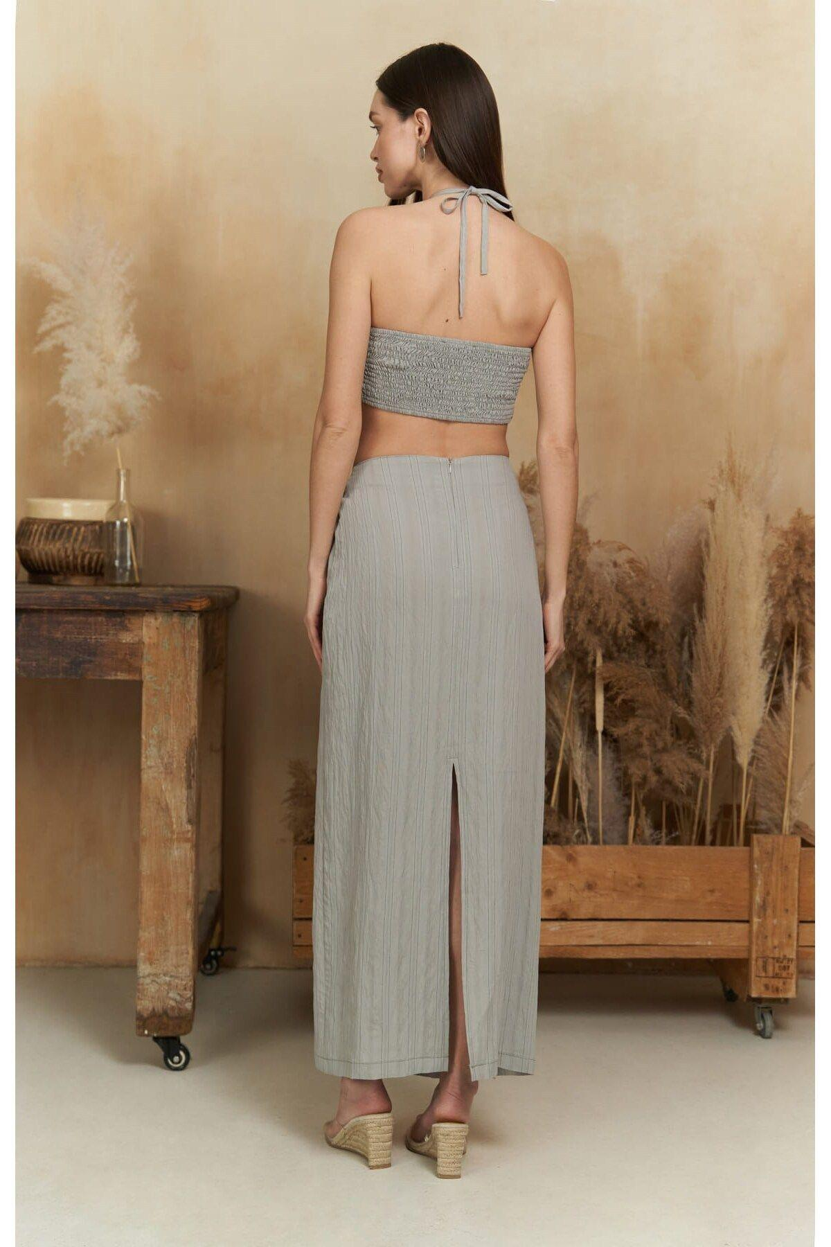 Lovina Striped Gray Crop & Skirt Set