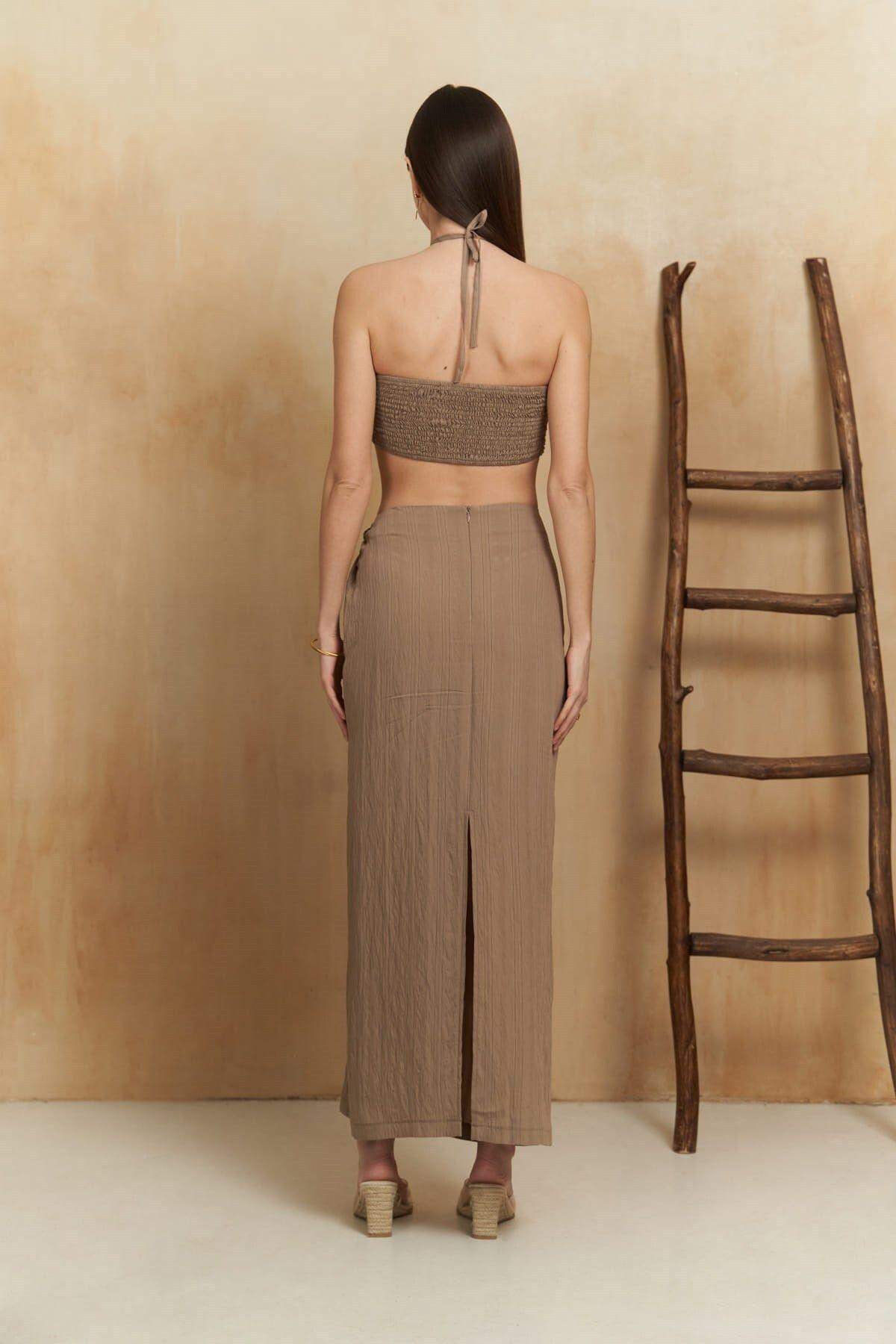 Lovina Çizgili Vizon Crop Etek Takım