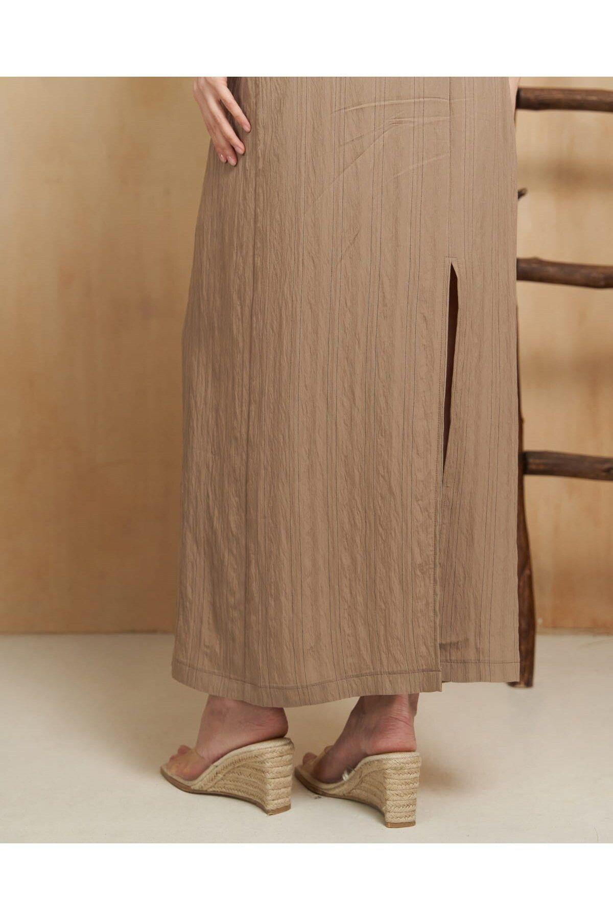 Lovina Çizgili Vizon Crop Etek Takım