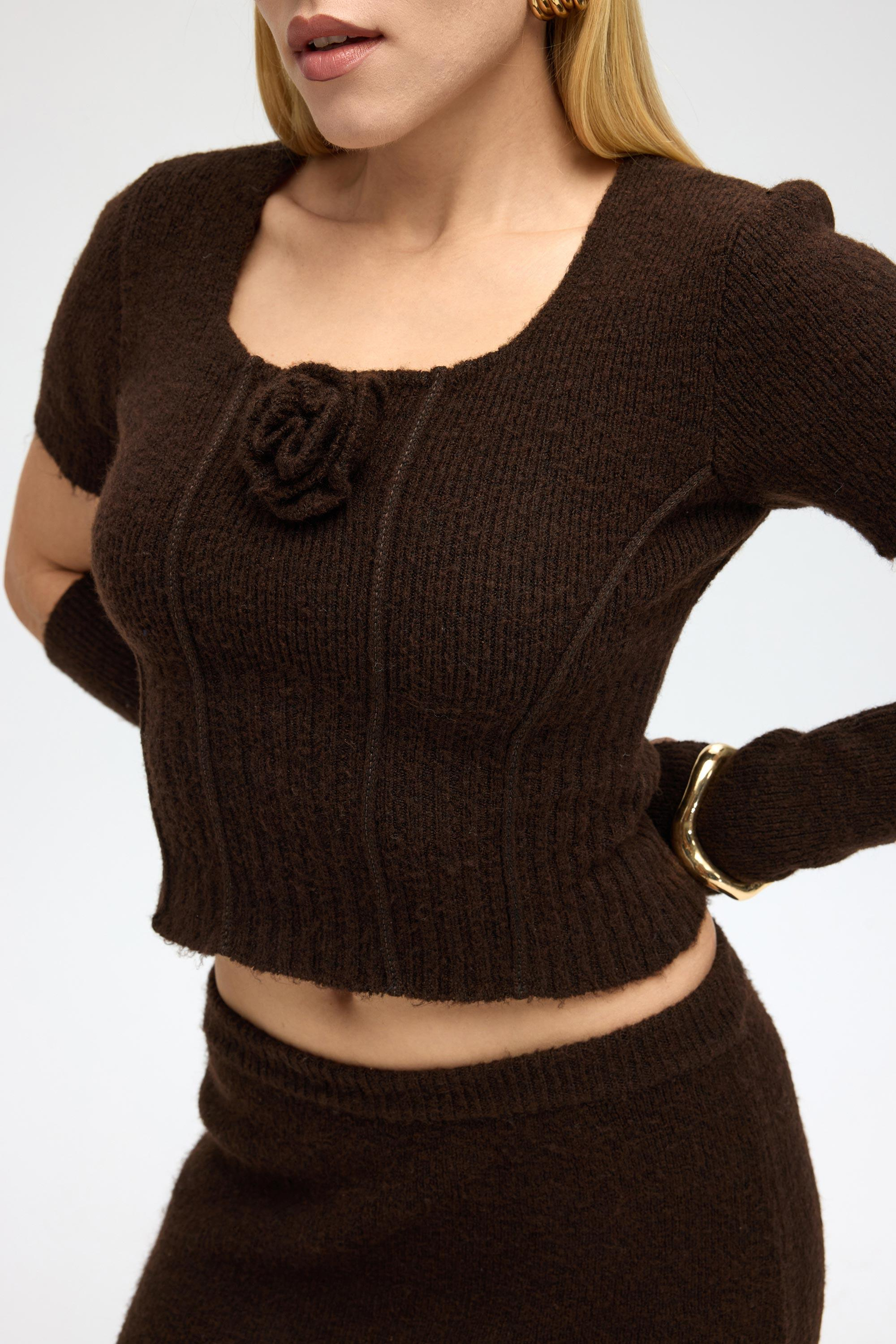 Lumi Gül Detay Kahve Crop Etek Triko Takım