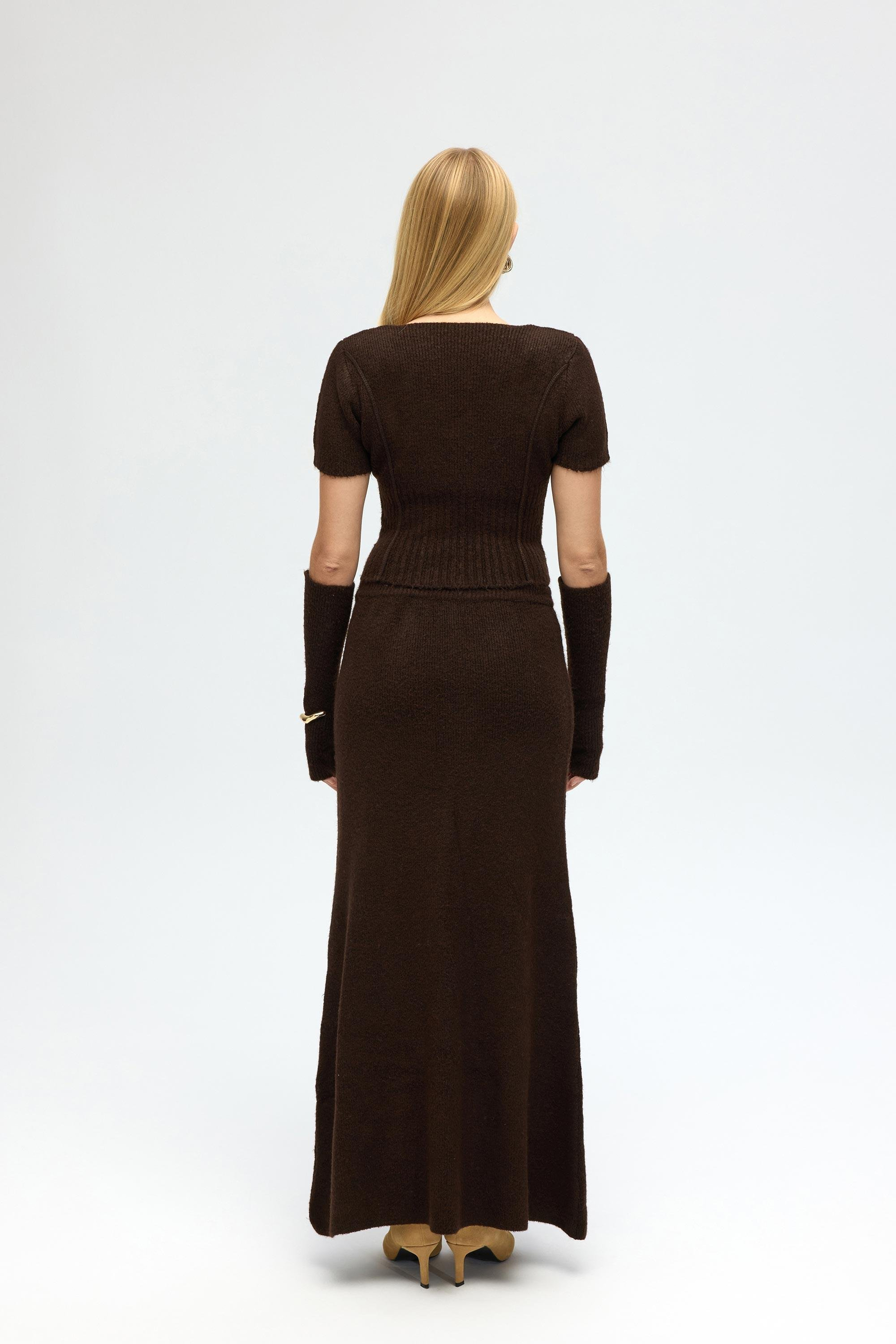 Lumi Gül Detay Kahve Crop Etek Triko Takım