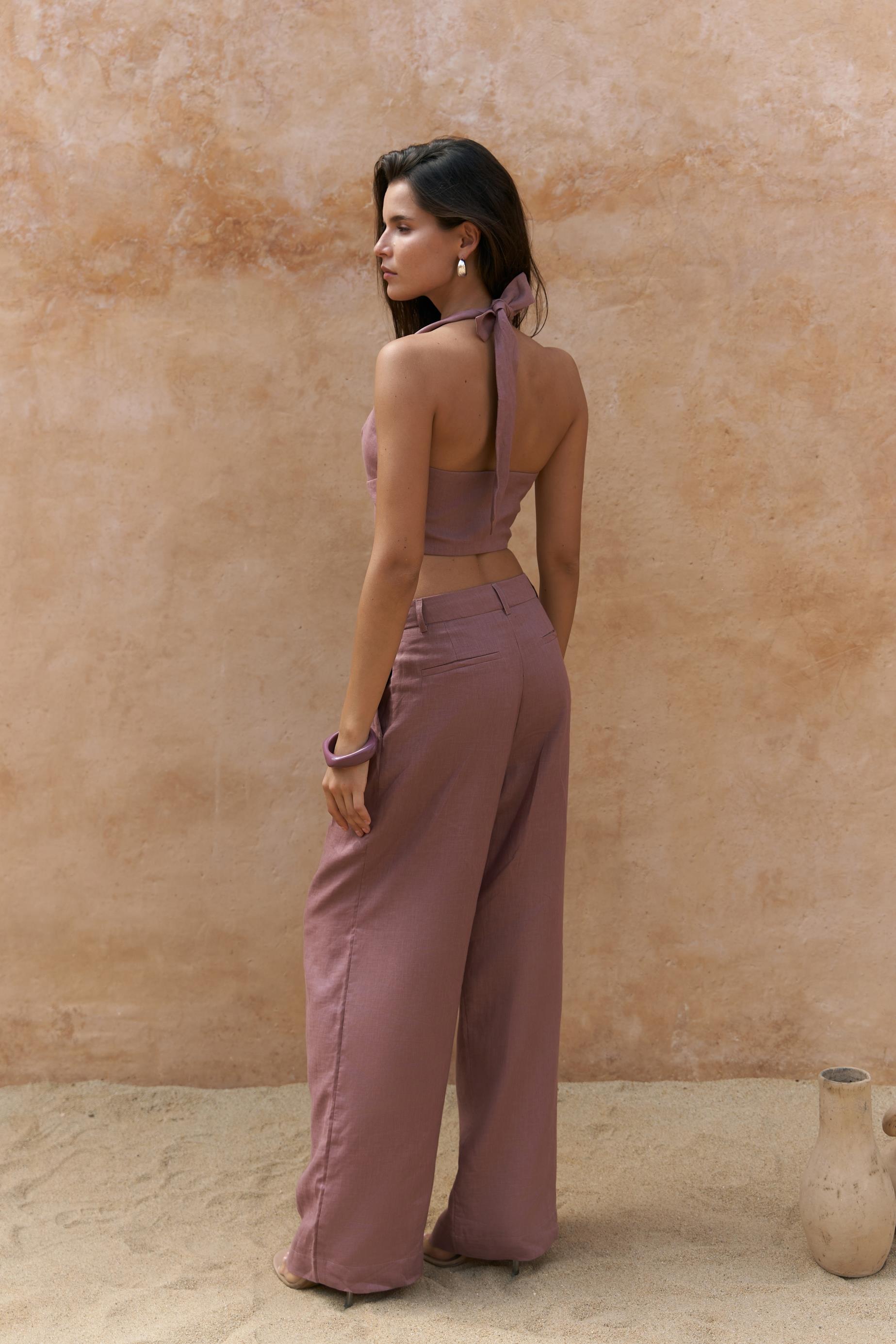 Lvdovila Açık Bordo Keten Crop Yelek Pantolon Takım